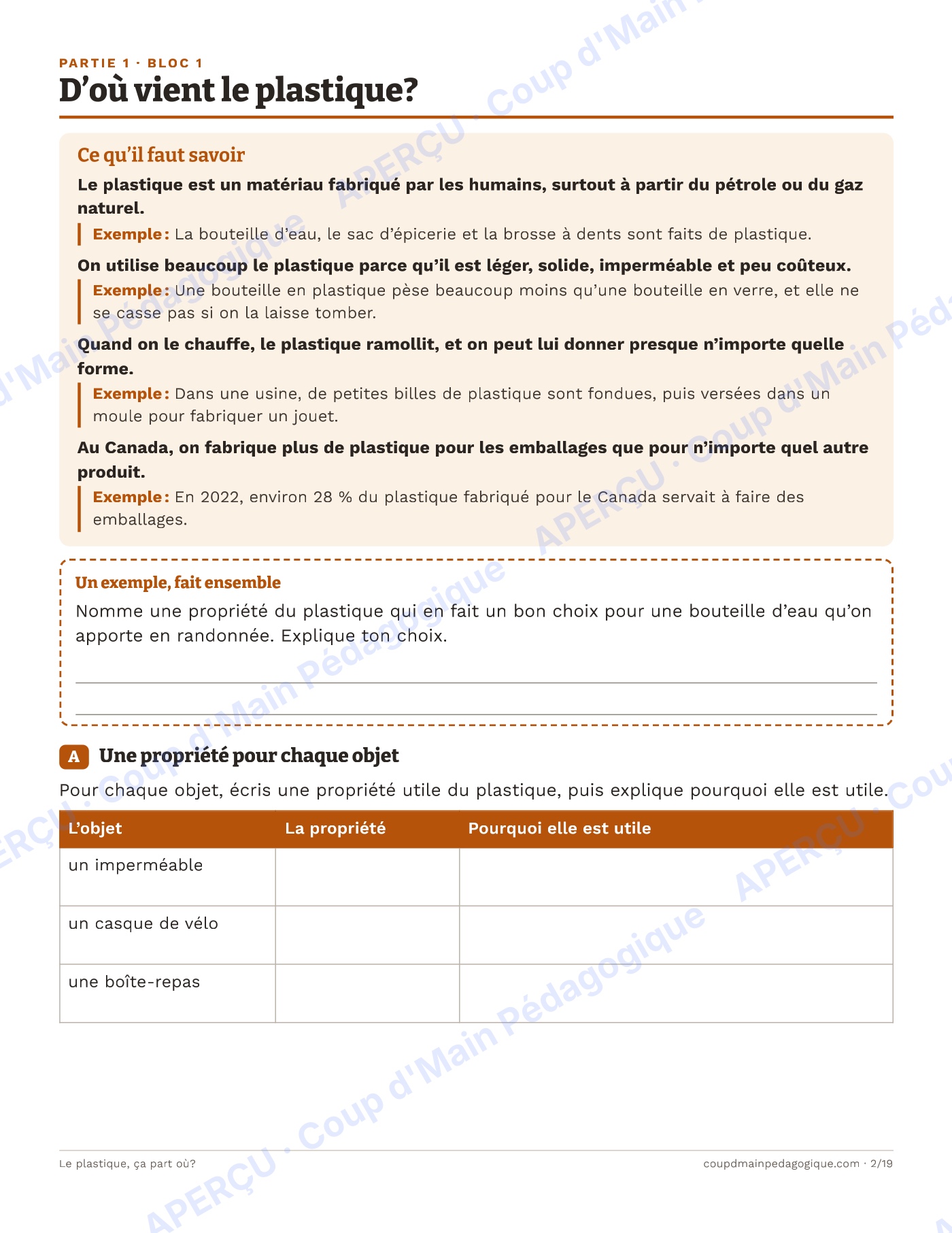 Page 2 — Le plastique, ça part où? — 4e-6e, unité et projet