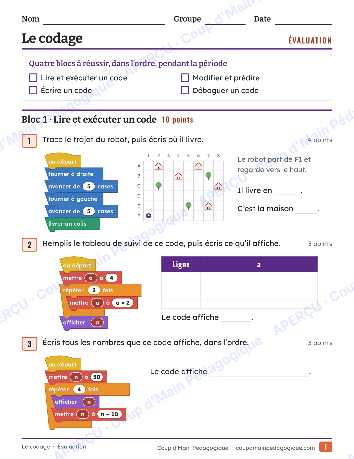 Page 1 — Le codage sans ordinateur — 4e-5e année, unité