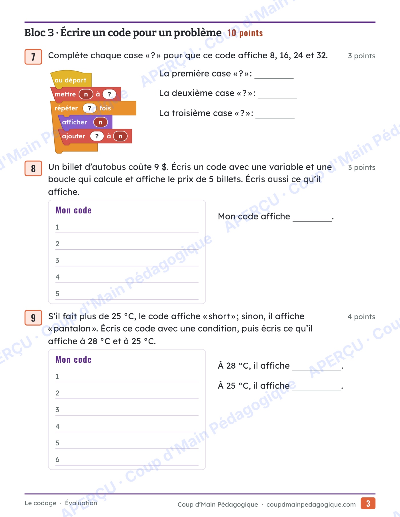 Page 3 — Le codage sans ordinateur — 4e-5e année, unité
