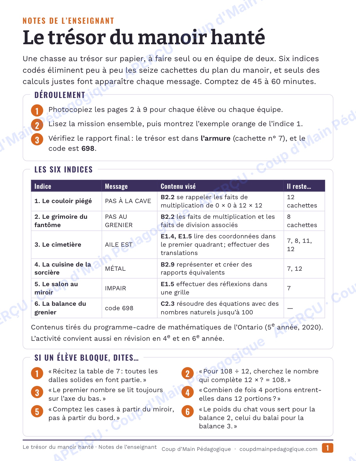 Page 1 — Le manoir hanté — 4e-6e année, chasse au trésor