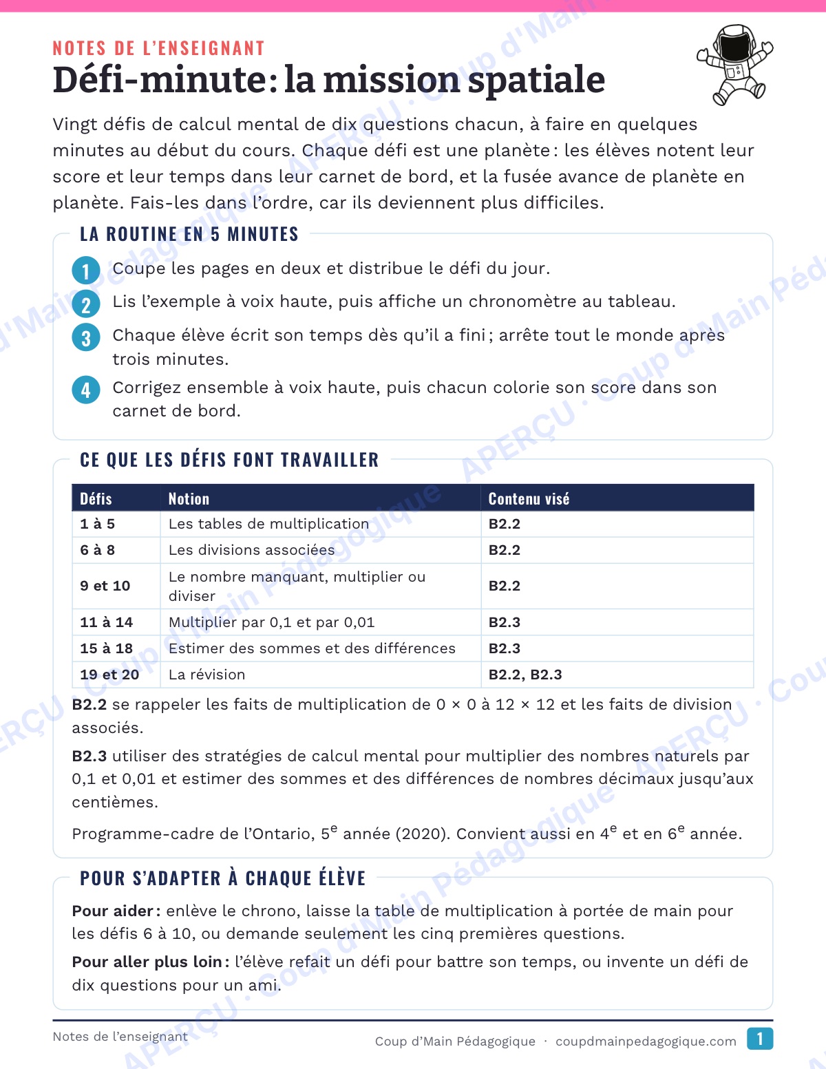 Page 1 — La mission spatiale — 4e-6e année, calcul mental