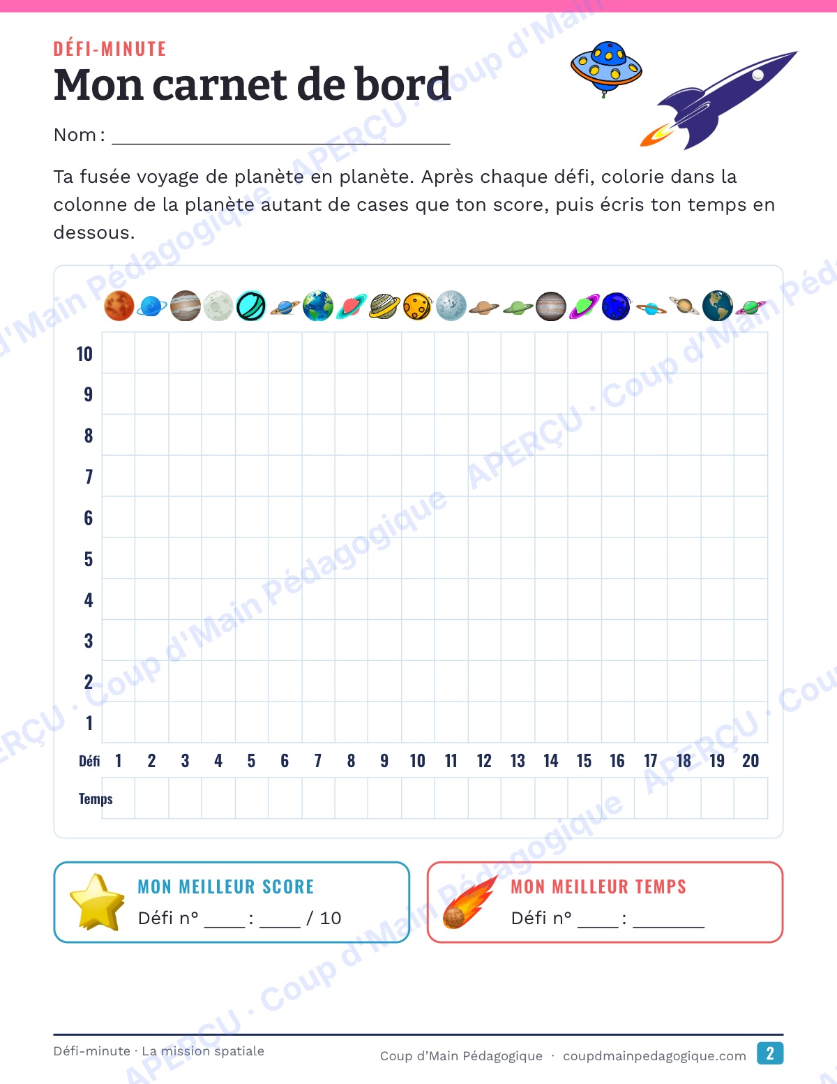 Page 2 — La mission spatiale — 4e-6e année, calcul mental