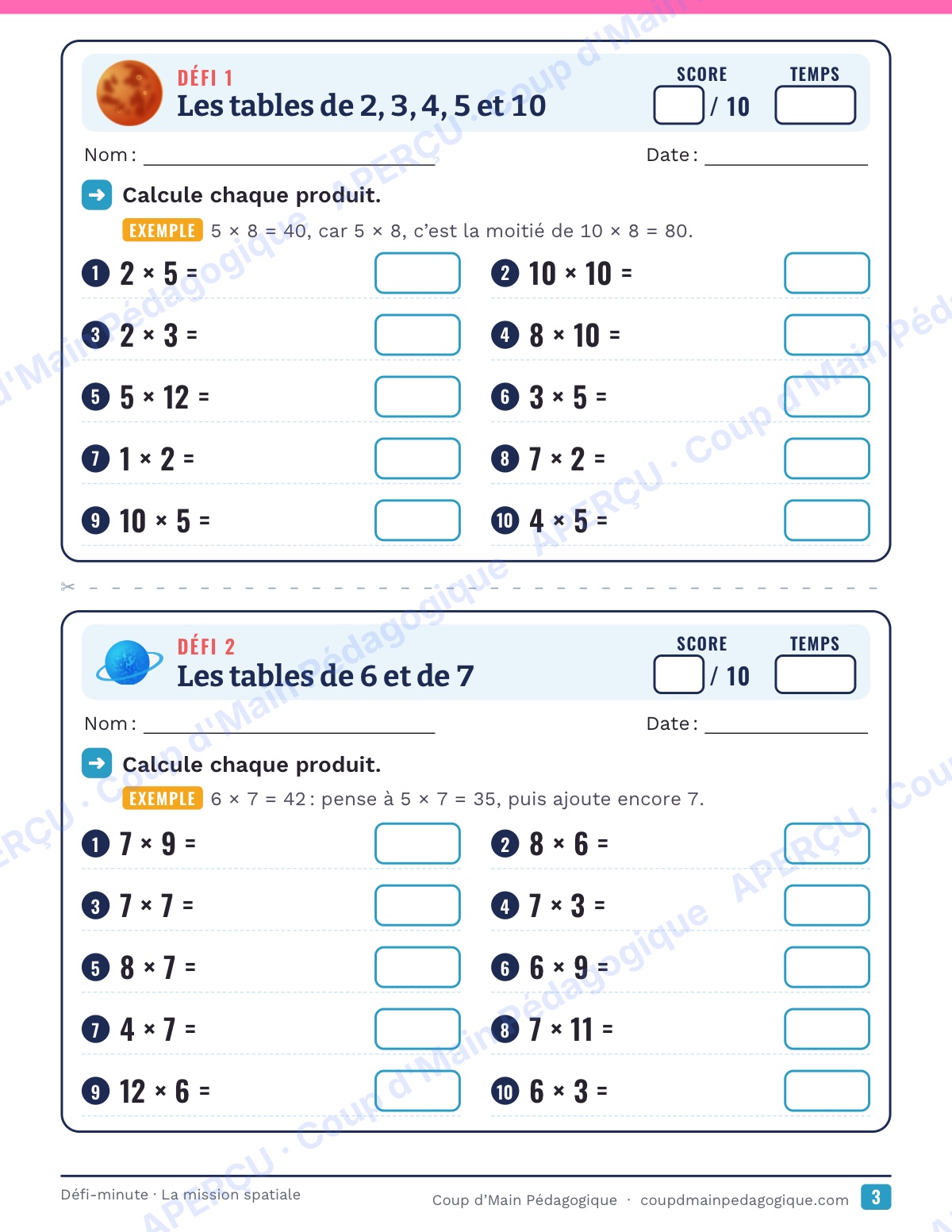 Page 3 — La mission spatiale — 4e-6e année, calcul mental