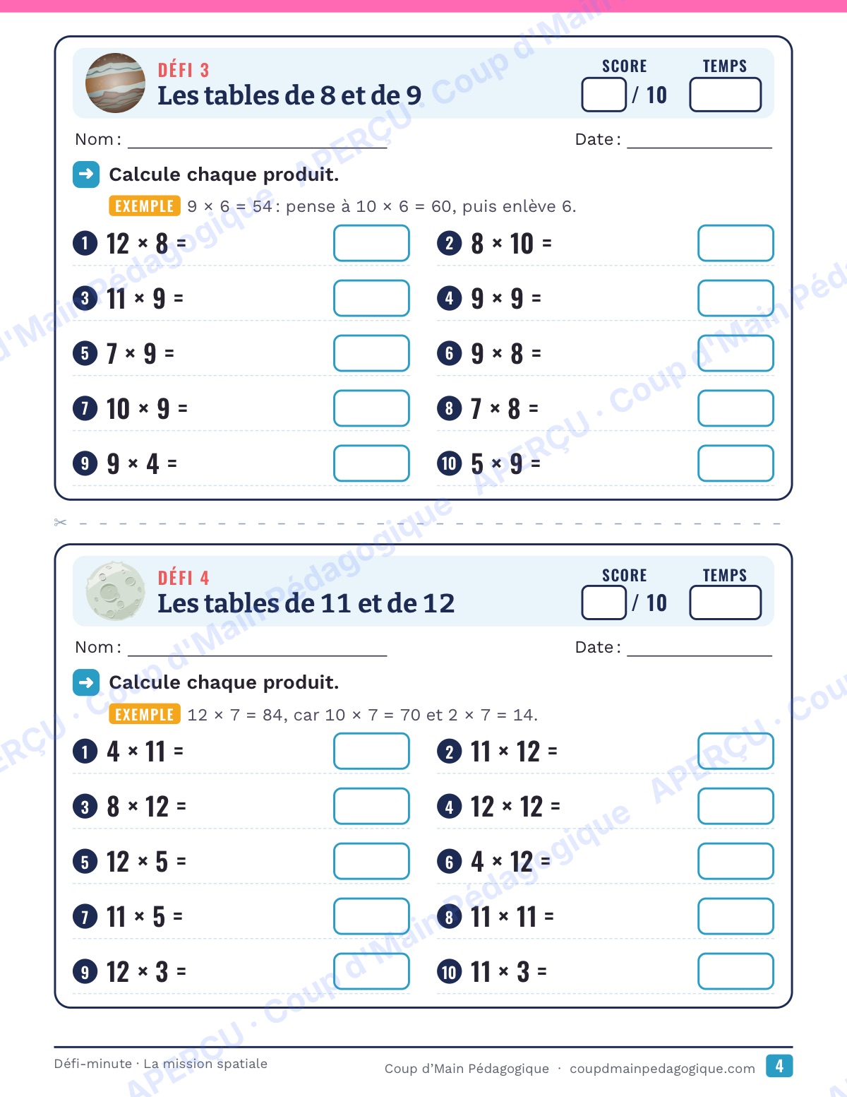 Page 4 — La mission spatiale — 4e-6e année, calcul mental