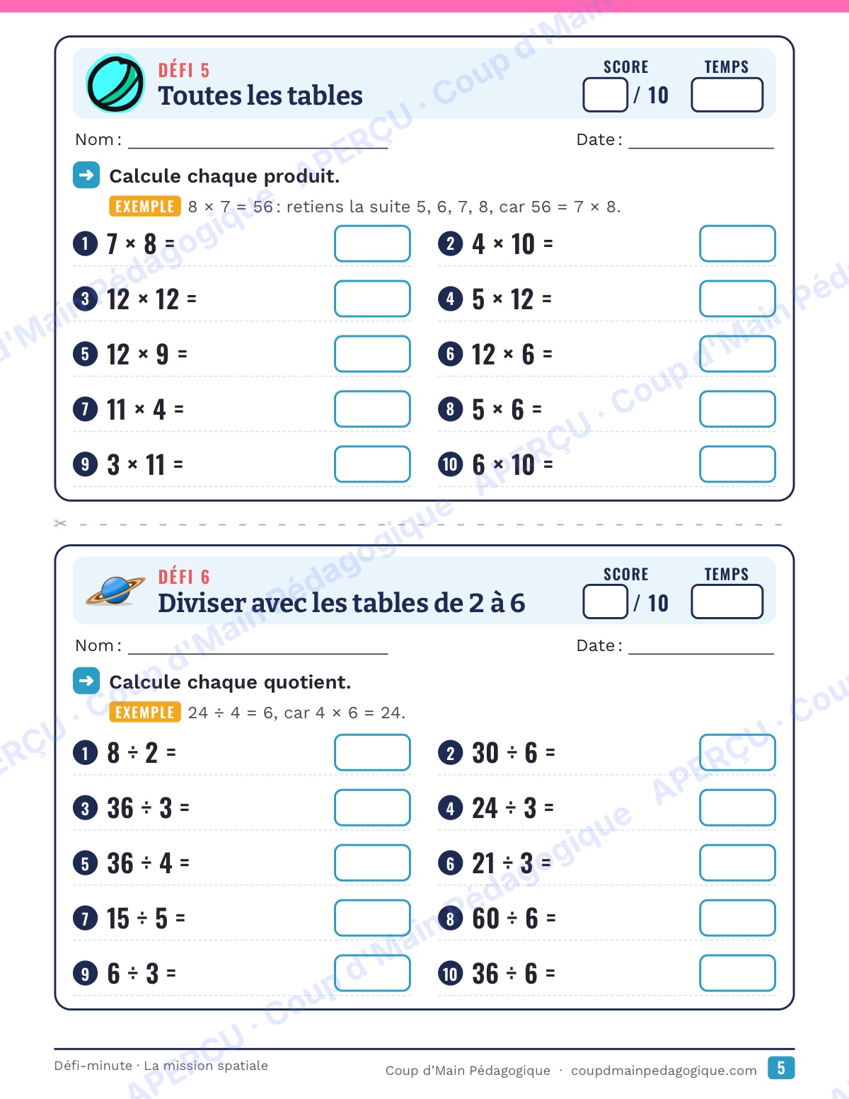 Page 5 — La mission spatiale — 4e-6e année, calcul mental