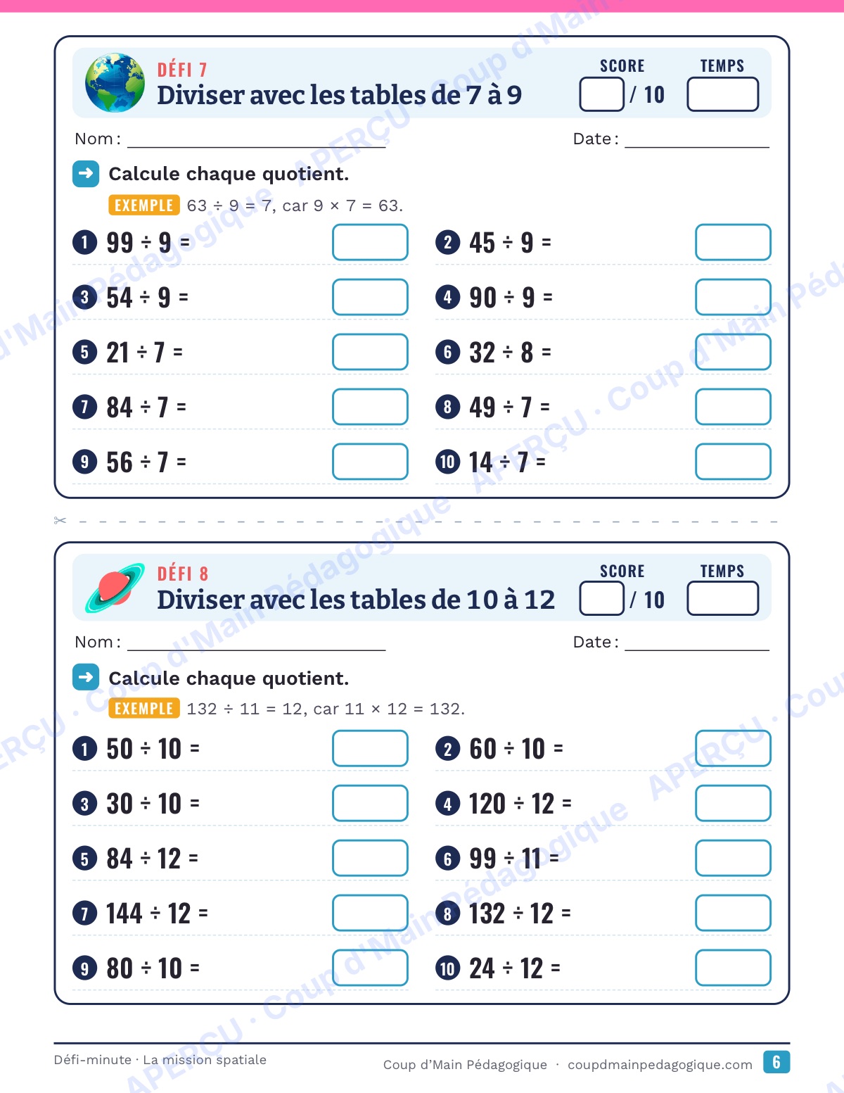 Page 6 — La mission spatiale — 4e-6e année, calcul mental