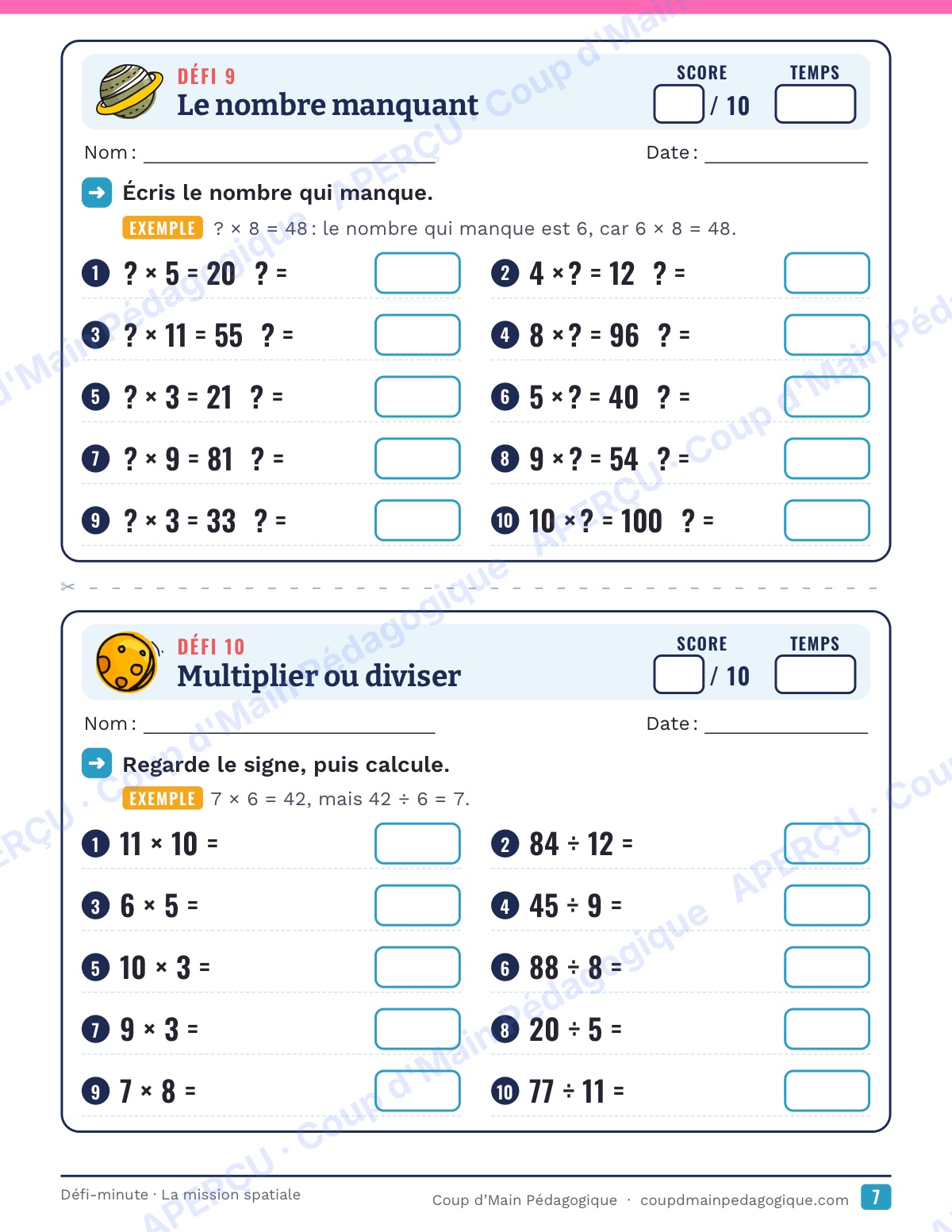 Page 7 — La mission spatiale — 4e-6e année, calcul mental