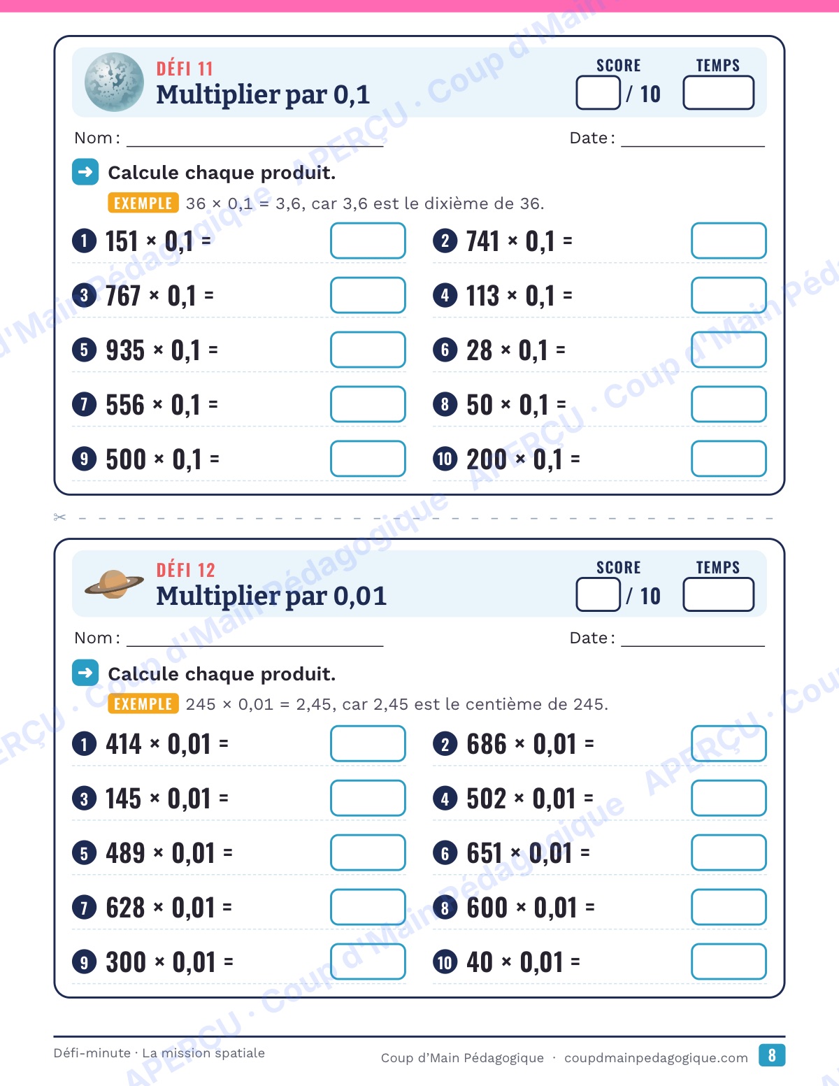 Page 8 — La mission spatiale — 4e-6e année, calcul mental
