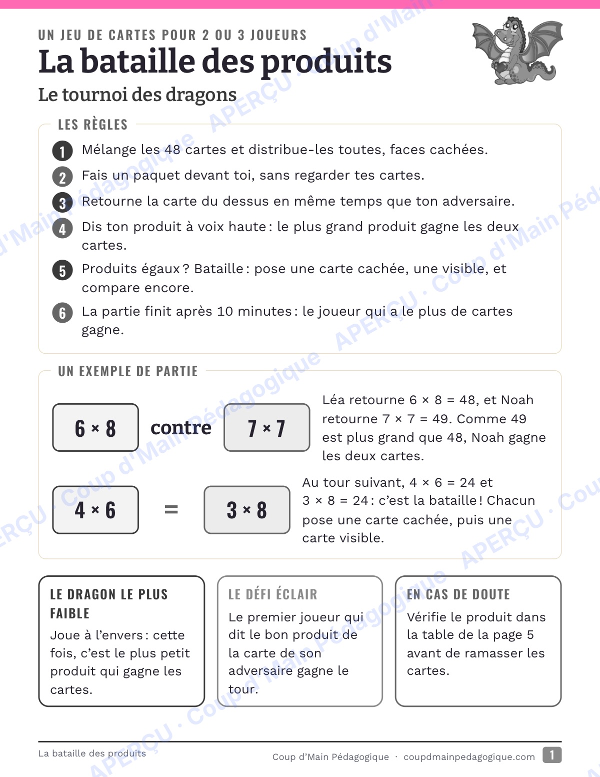 Page 1 — La bataille des produits — 4e-6e, multiplication