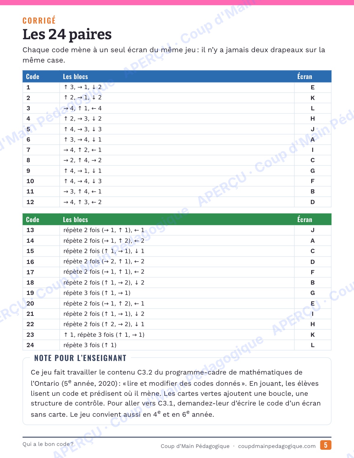 Page 5 — Qui a le bon code ? — 4e-6e année, jeu de codage