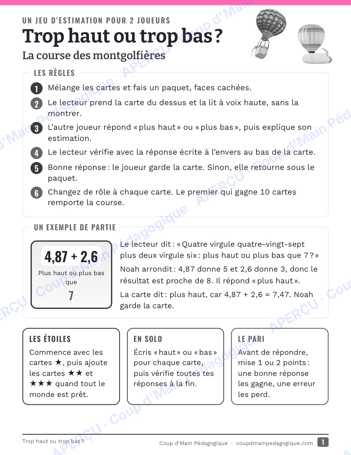 Page 1 — Trop haut ou trop bas ? — 4e-6e, jeu d'estimation