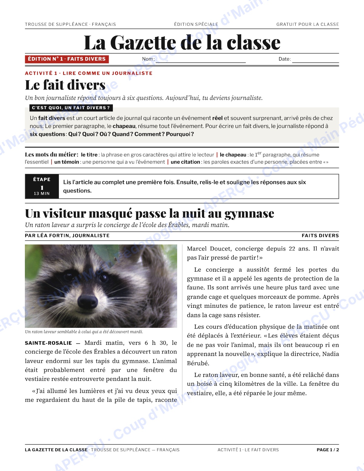 Page 1 — La Gazette de la classe — 7e-8e, suppléance
