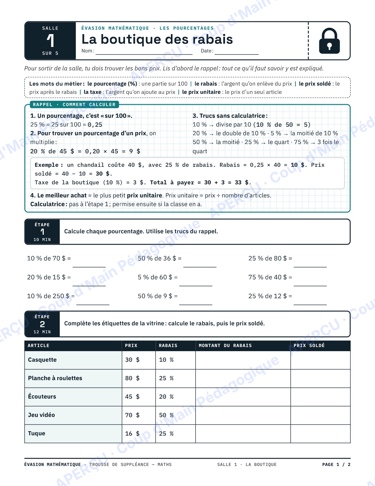 Page 1 — Évasion mathématique — 7e-8e, suppléance