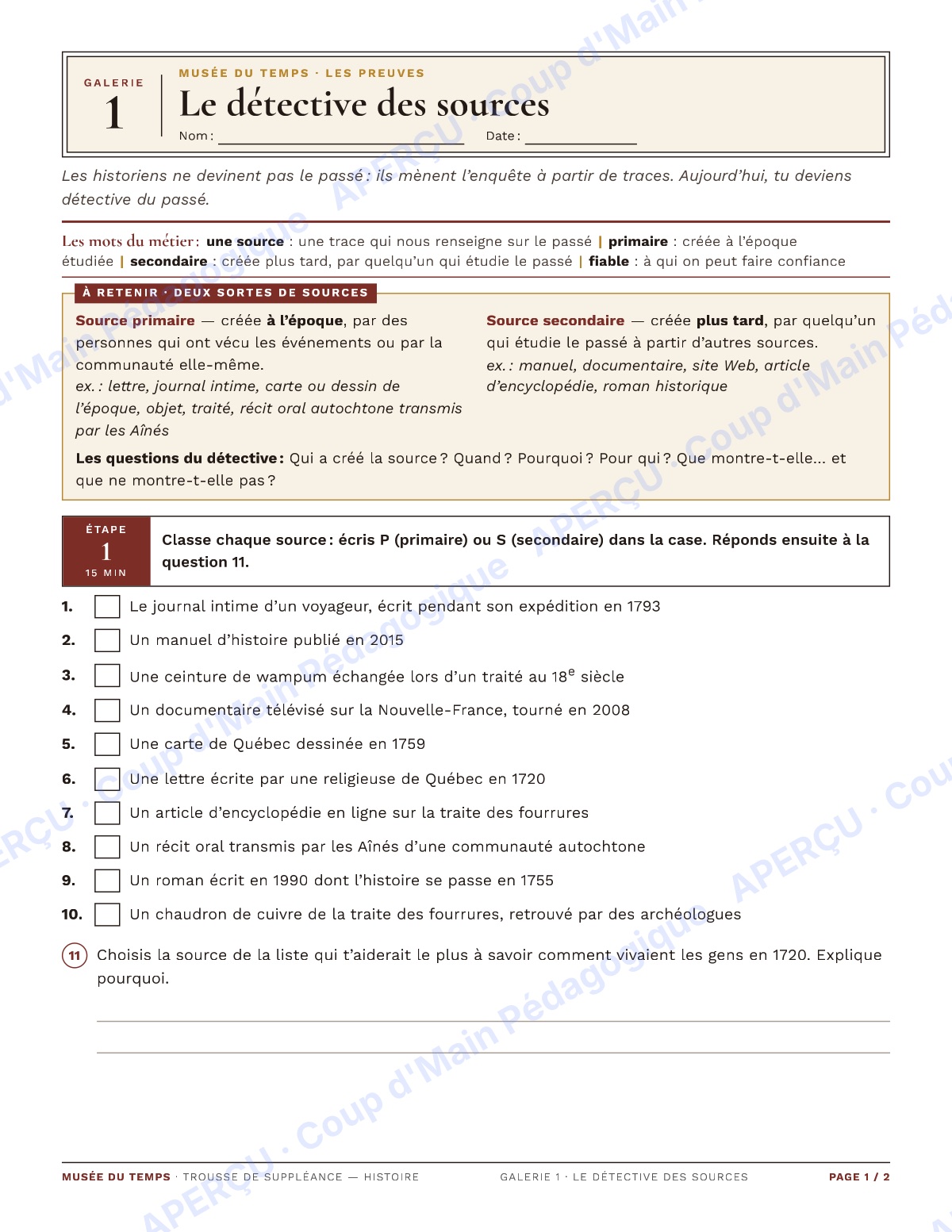 Page 1 — Musée du temps (histoire) — 7e-8e, suppléance