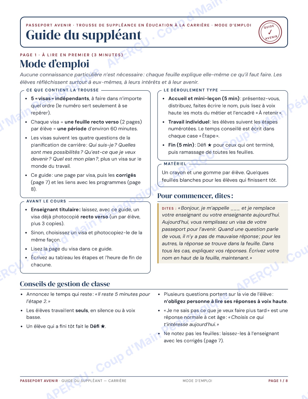 Page 1 — Passeport avenir (carrière) — 7e-8e, suppléance