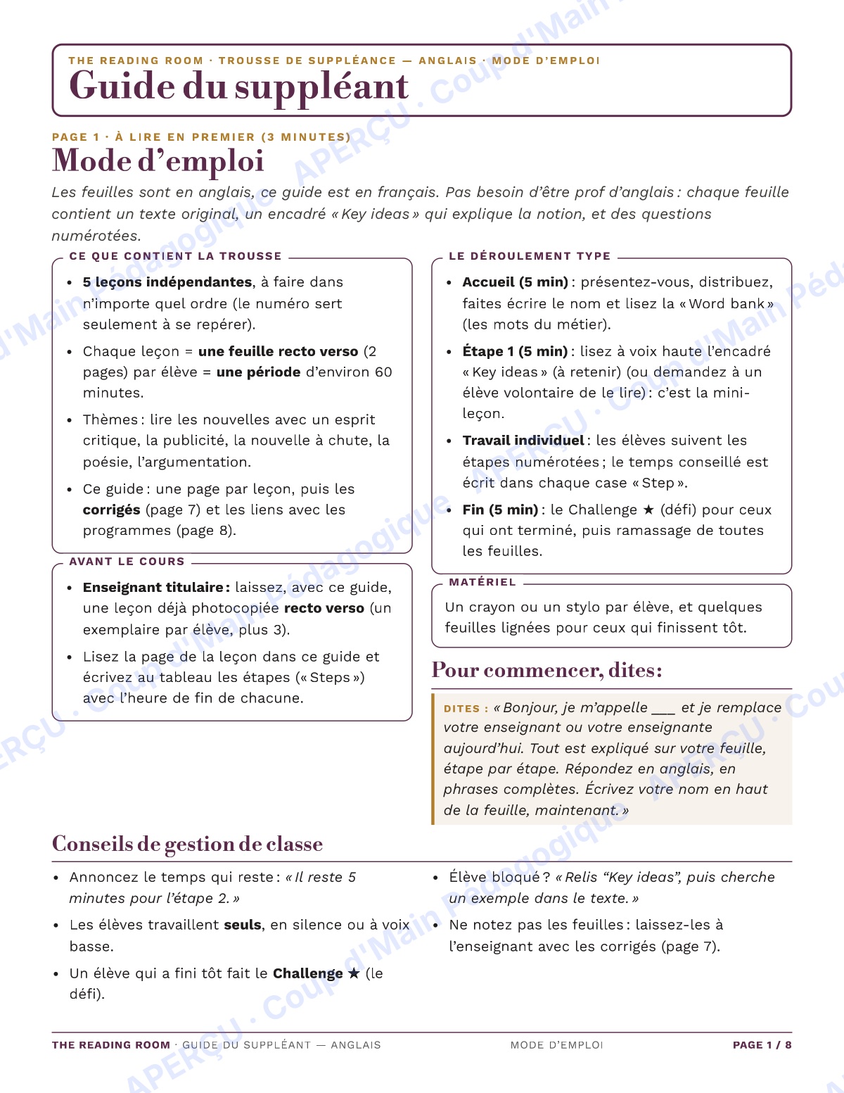 Page 1 — L'anglais — 9e-10e année, trousse de suppléance