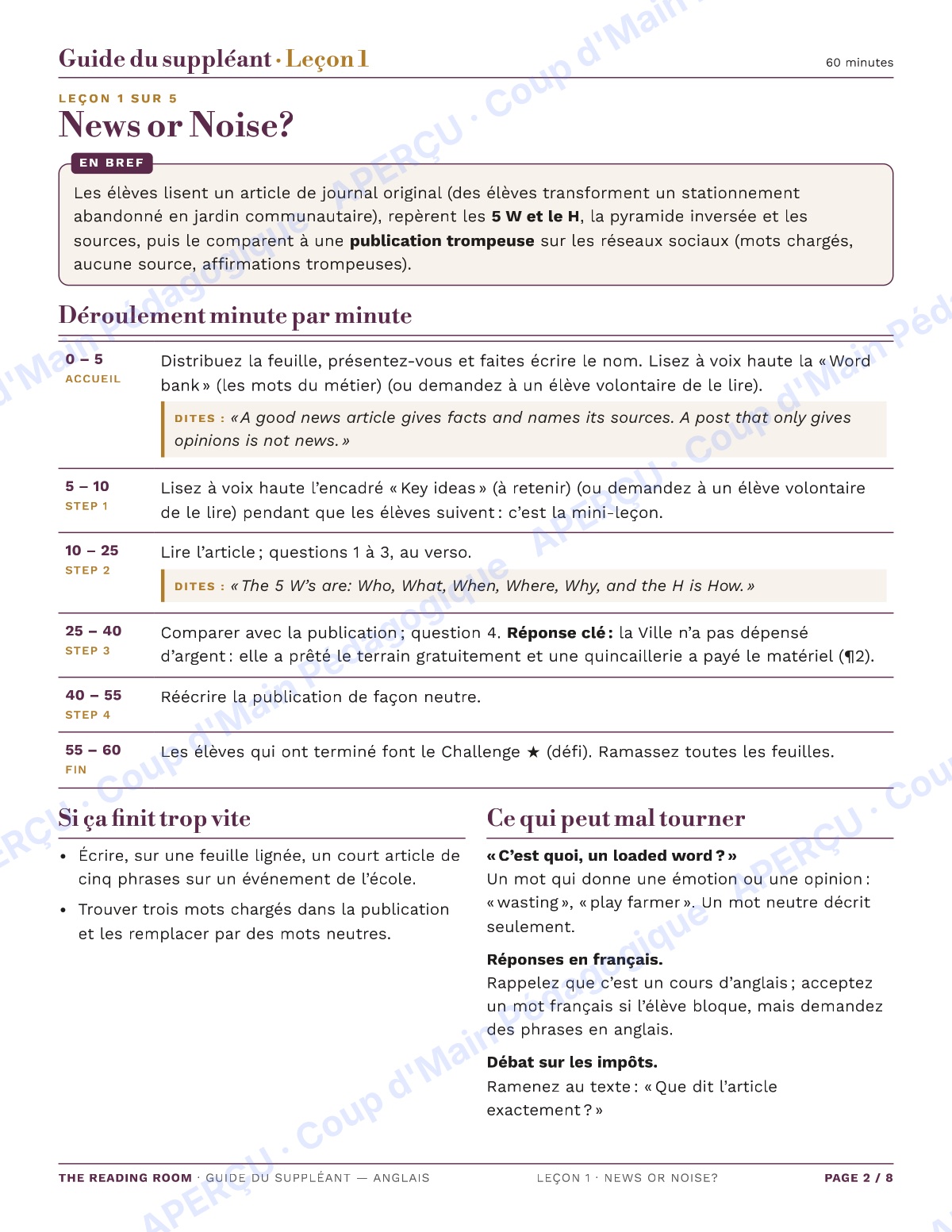 Page 2 — L'anglais — 9e-10e année, trousse de suppléance