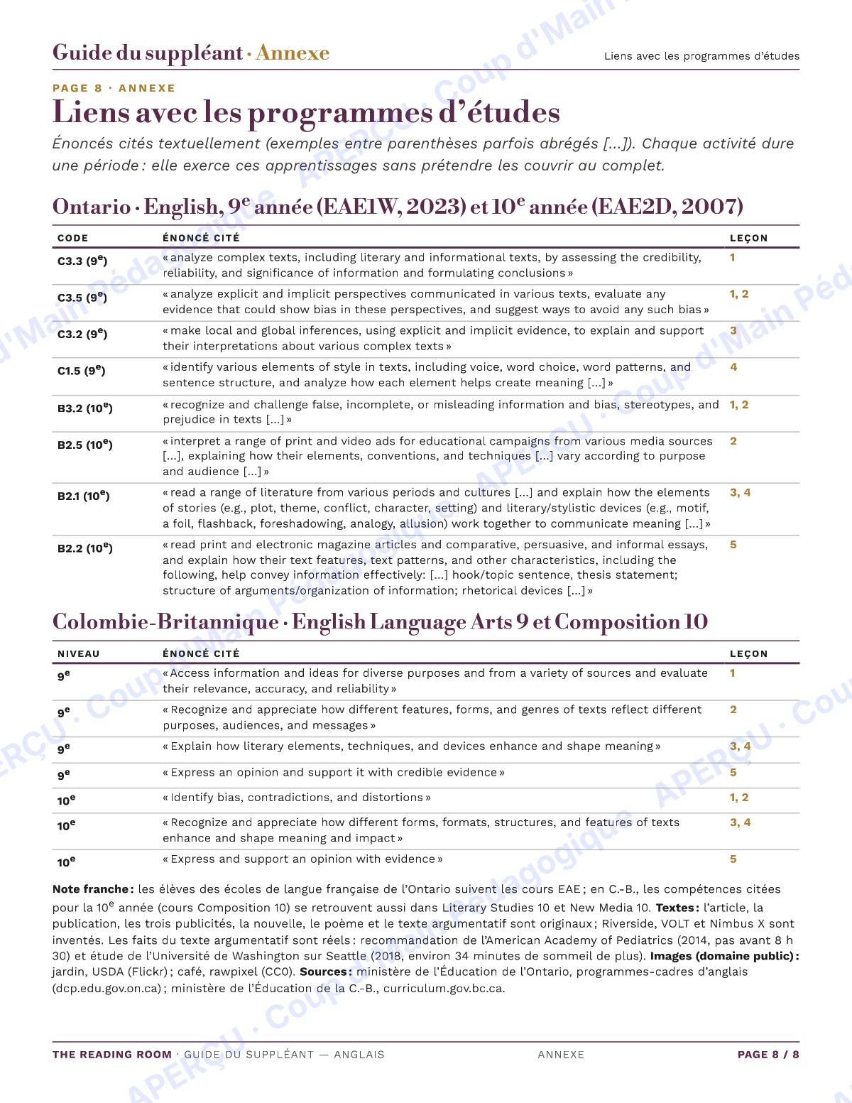 Page 8 — L'anglais — 9e-10e année, trousse de suppléance