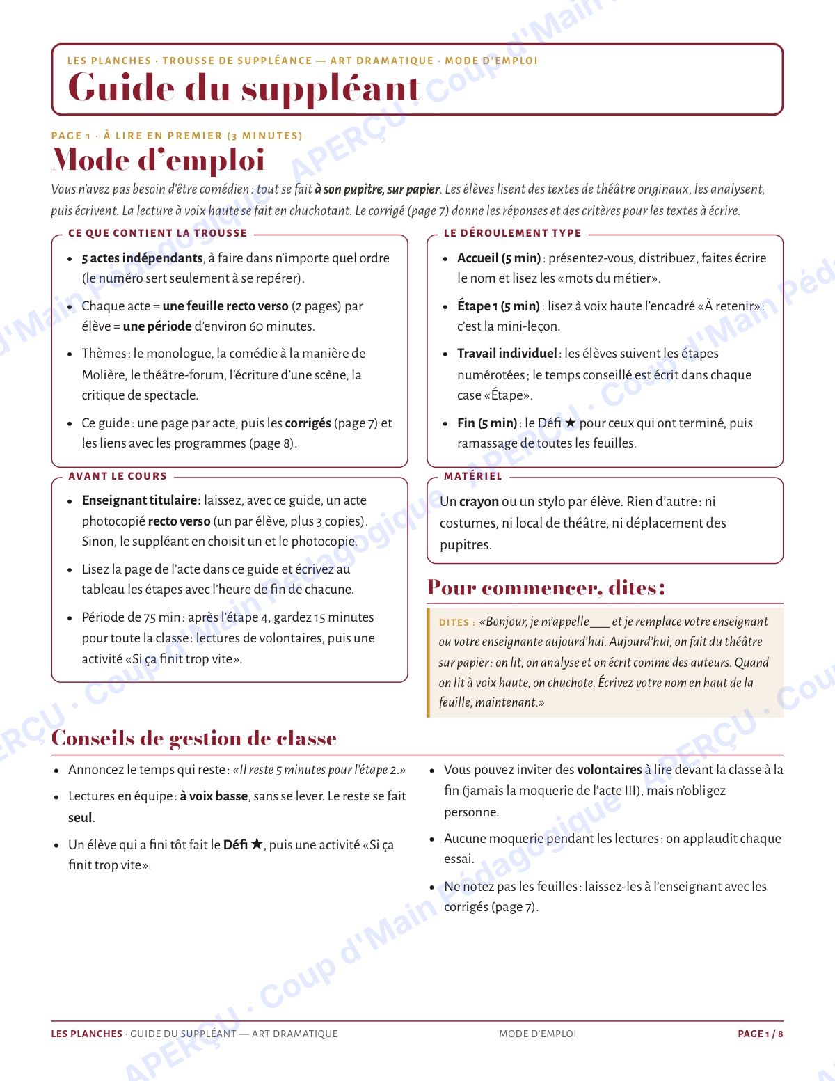Page 1 — Art dramatique — 9e-10e, trousse de suppléance