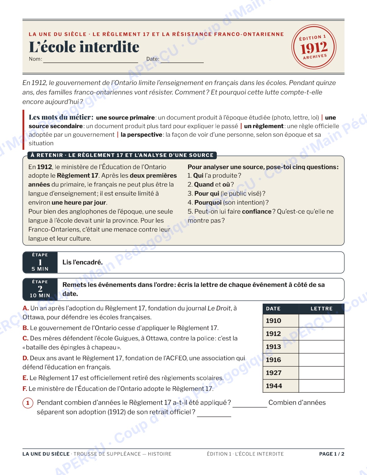 Page 1 — L'histoire du Canada — 9e-10e année, suppléance