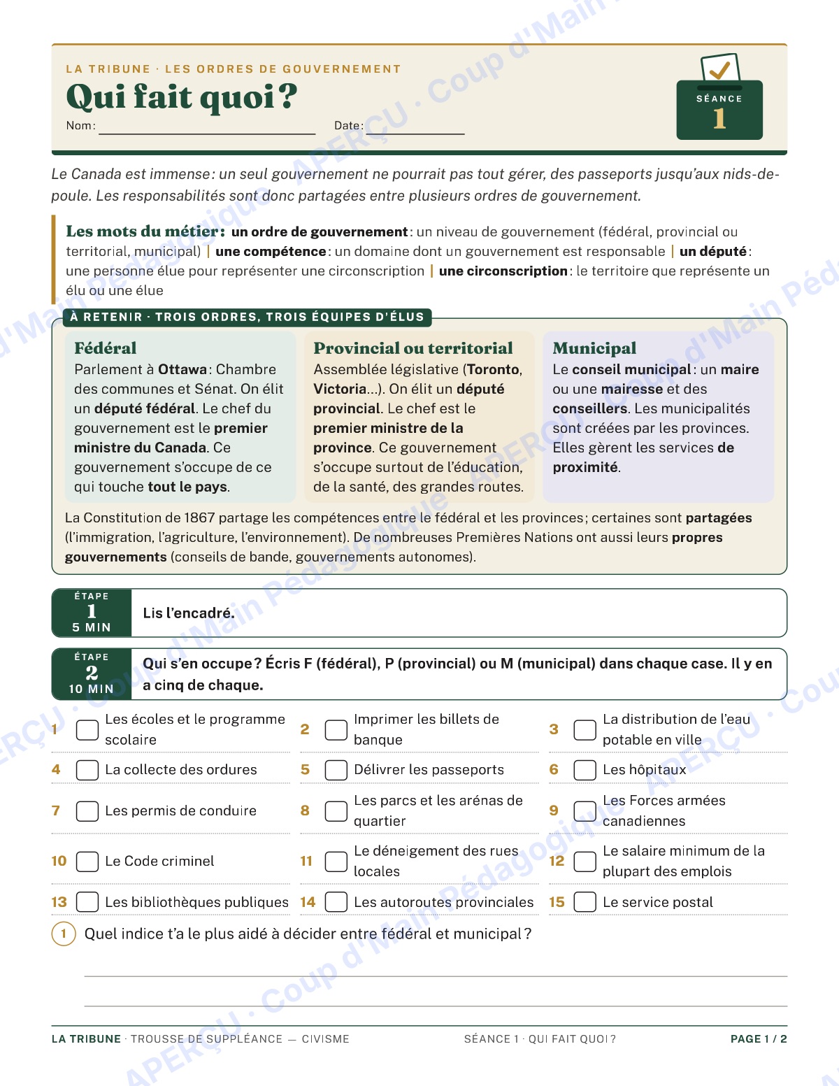 Page 1 — Le civisme — 9e-10e année, trousse de suppléance