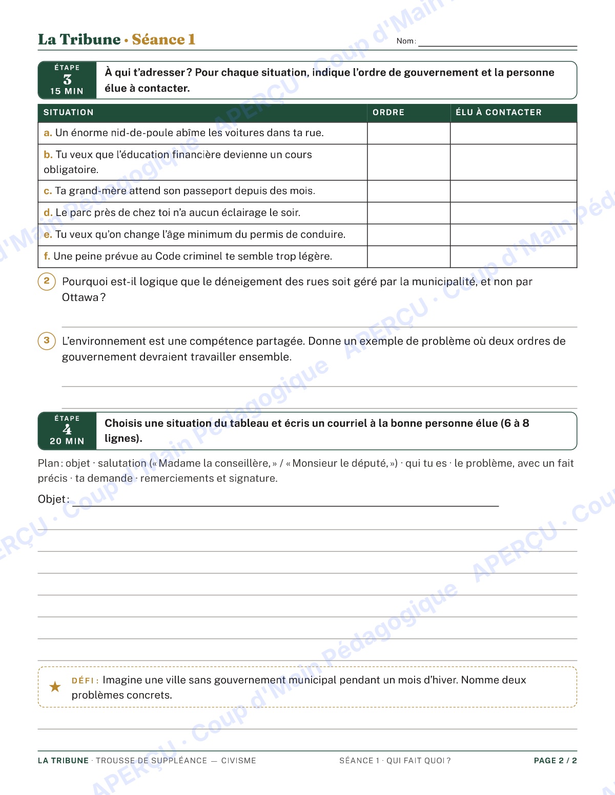 Page 2 — Le civisme — 9e-10e année, trousse de suppléance
