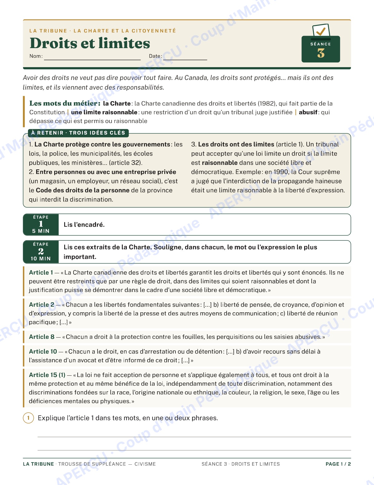 Page 5 — Le civisme — 9e-10e année, trousse de suppléance
