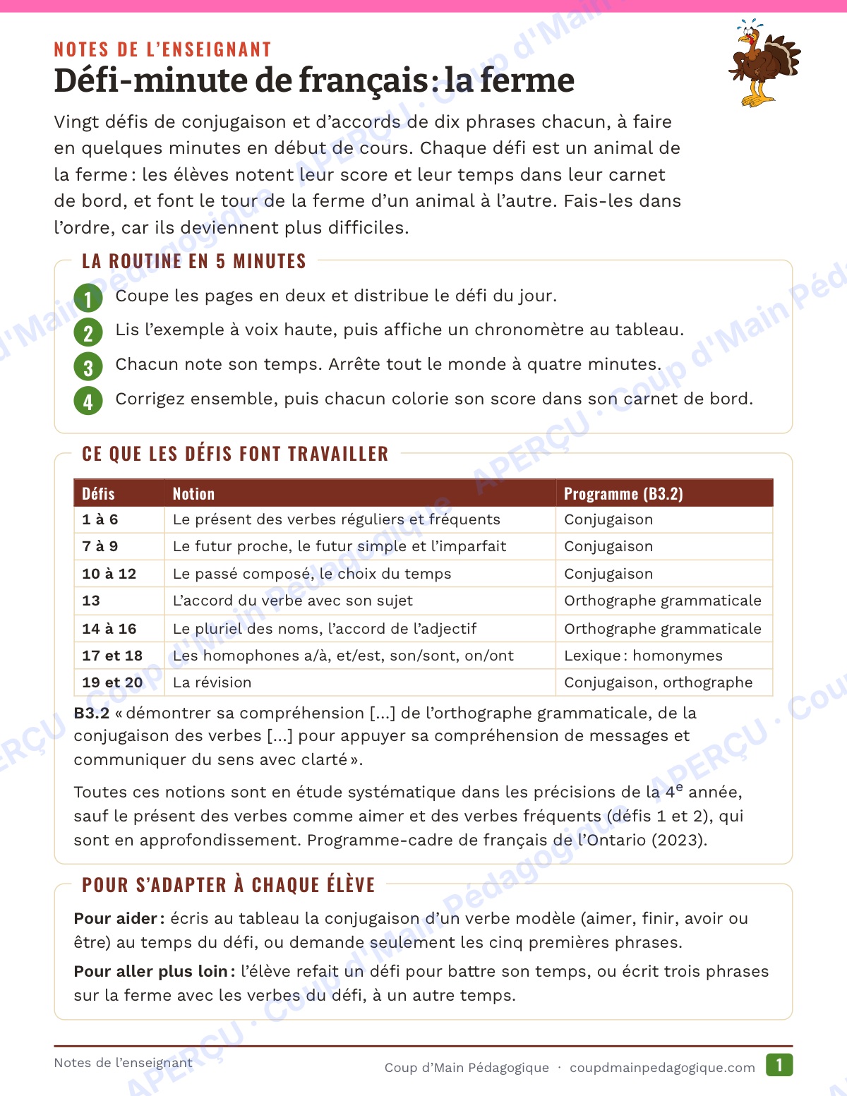 Page 1 — Défi-minute de français — 4e année, la ferme