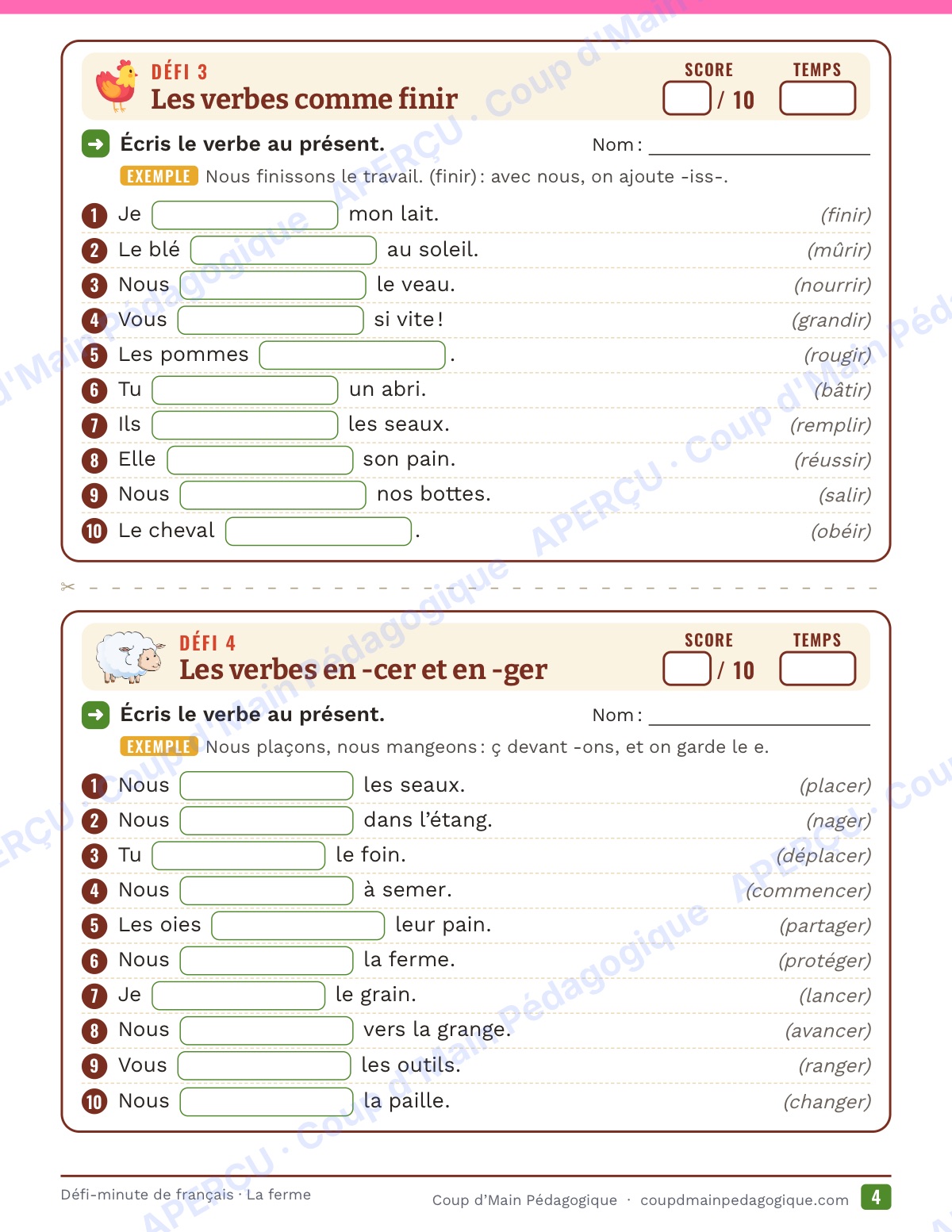 Page 4 — Défi-minute de français — 4e année, la ferme