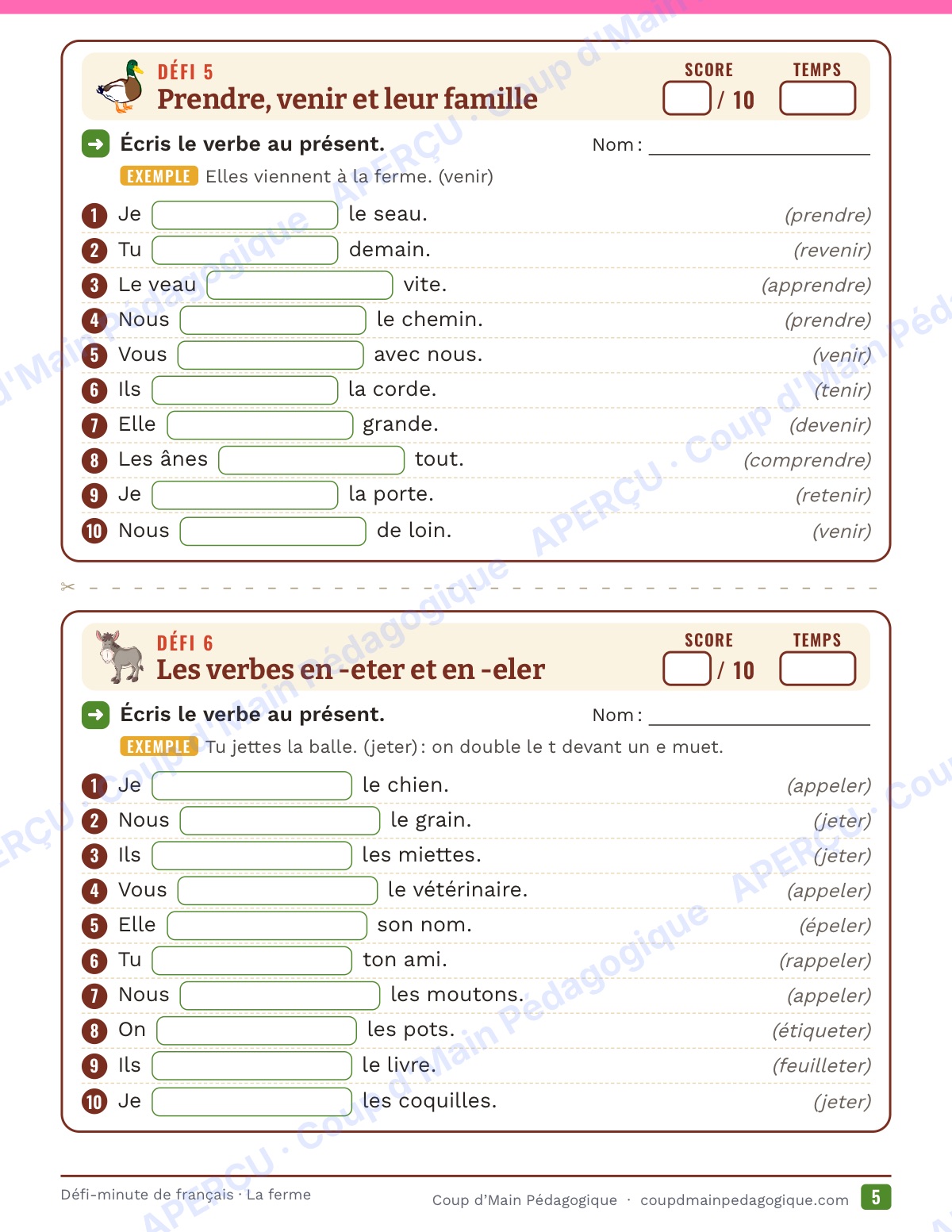 Page 5 — Défi-minute de français — 4e année, la ferme