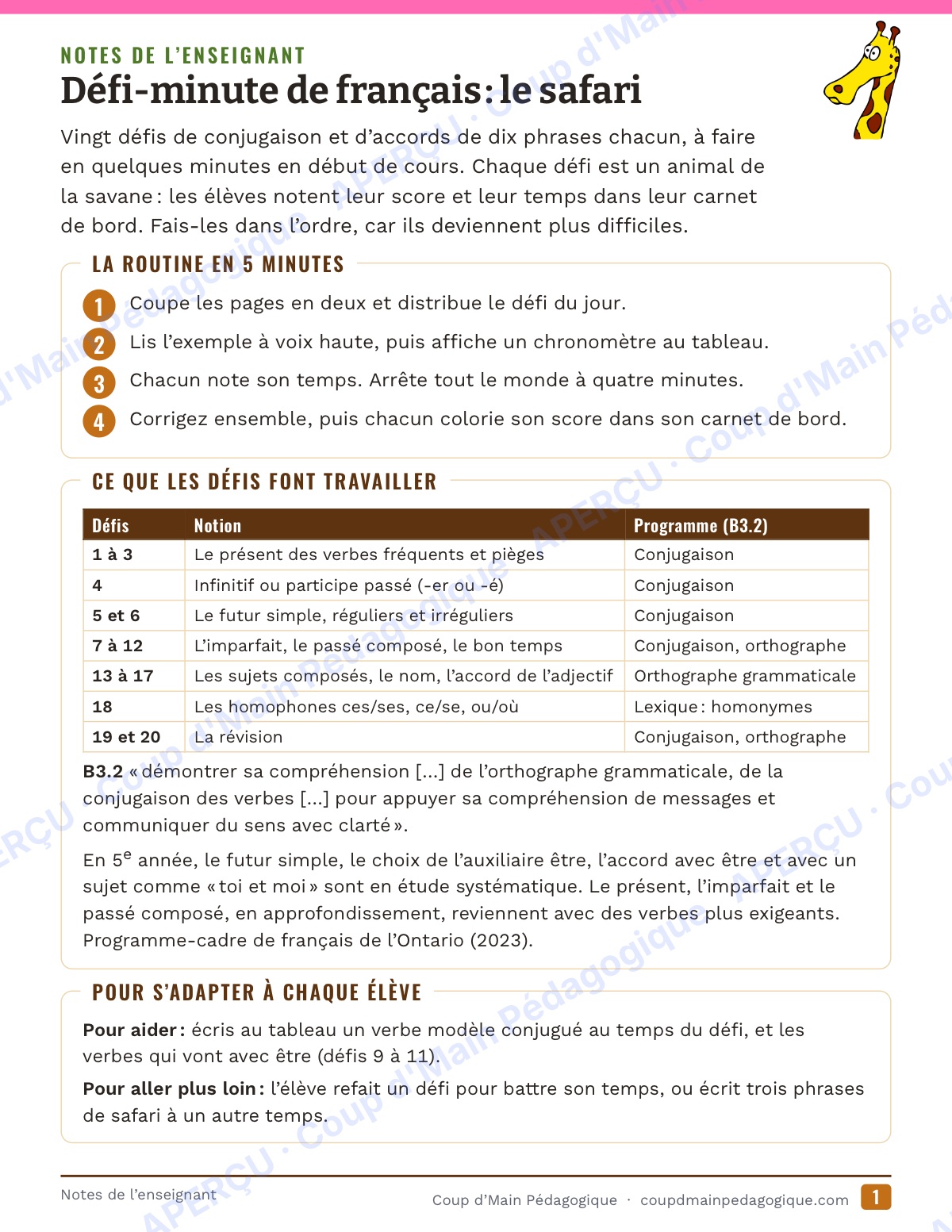 Page 1 — Défi-minute de français — 5e année, le safari