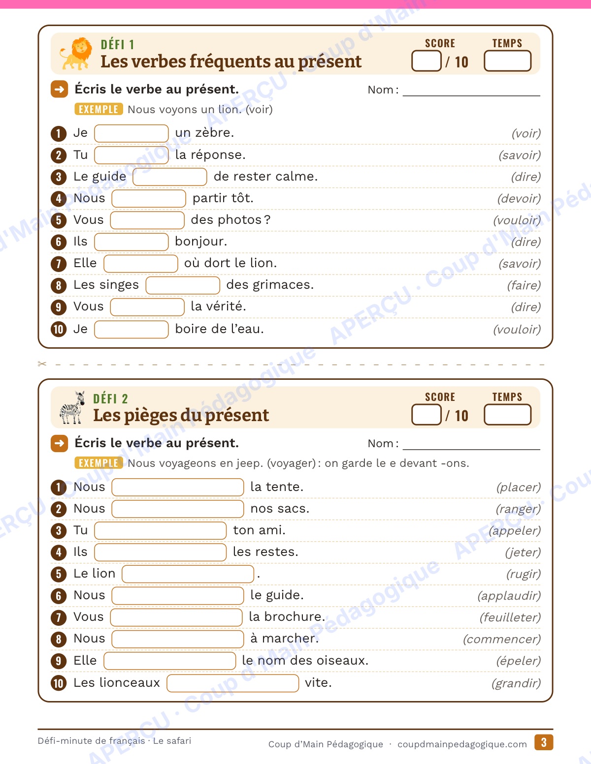 Page 3 — Défi-minute de français — 5e année, le safari
