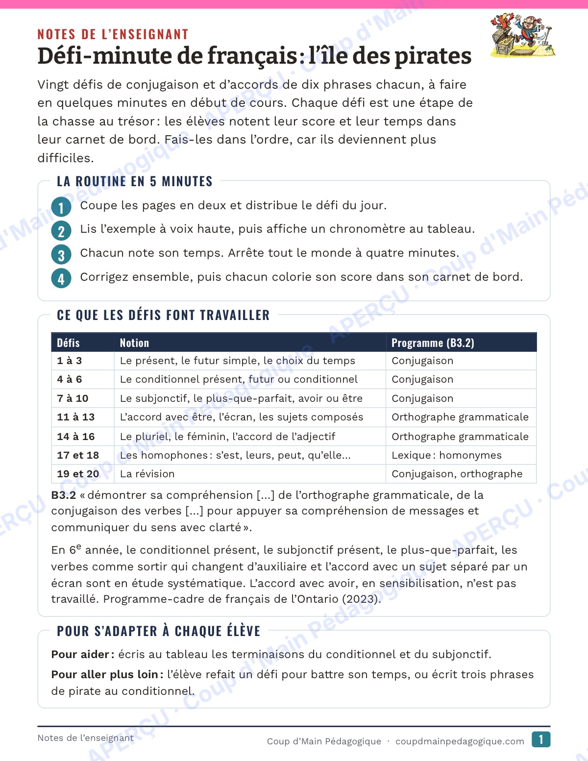 Page 1 — Défi-minute de français — 6e, l'île des pirates