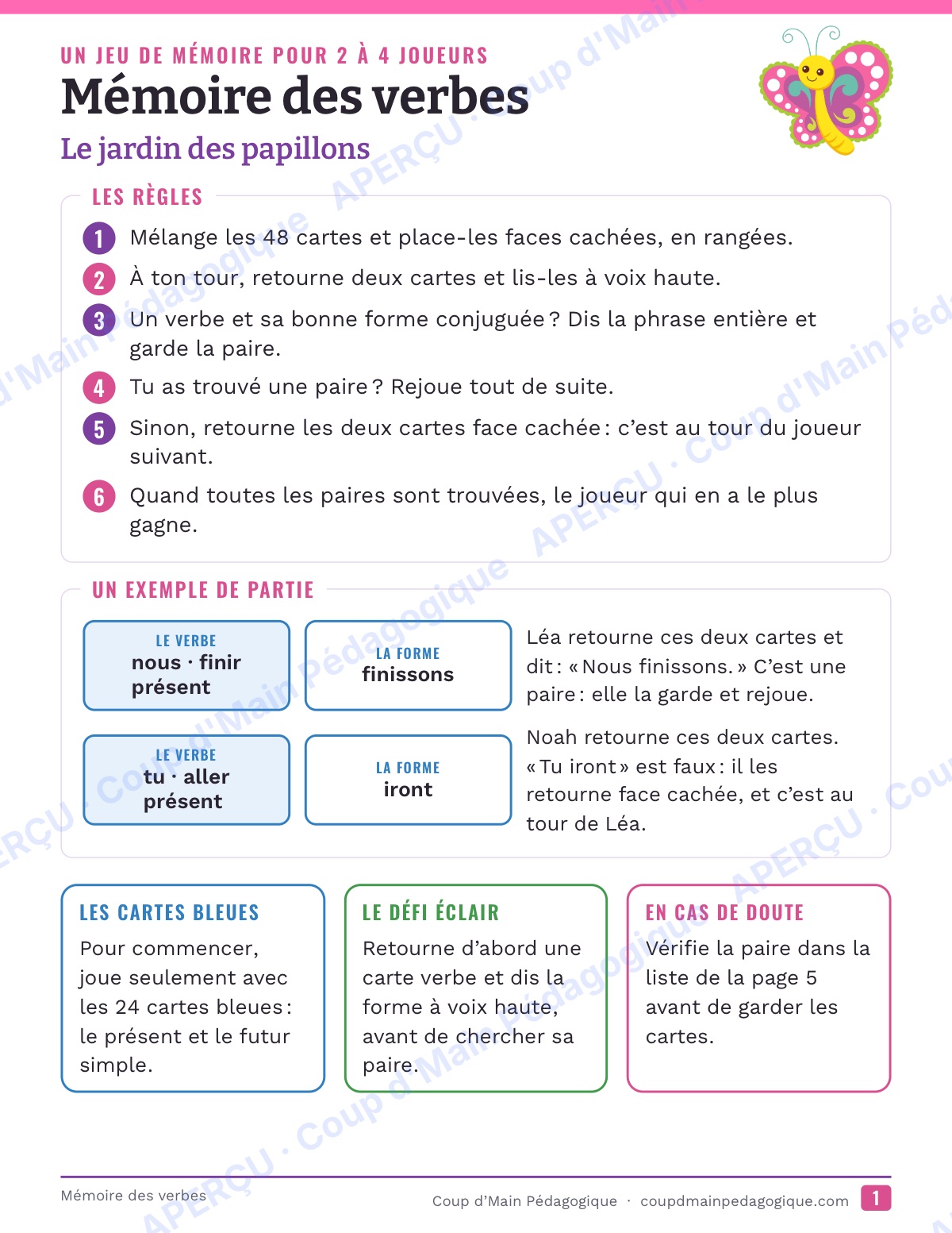 Page 1 — Mémoire des verbes — 4e-6e année, jeu de cartes