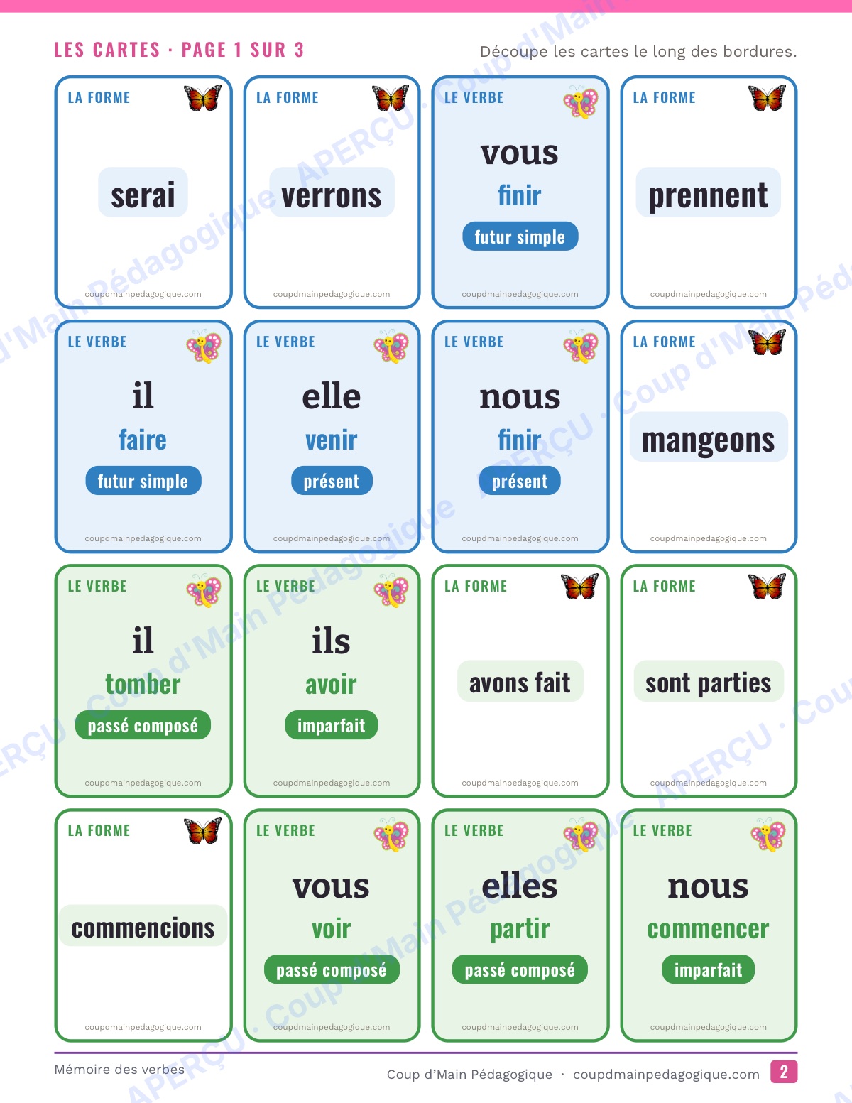 Page 2 — Mémoire des verbes — 4e-6e année, jeu de cartes