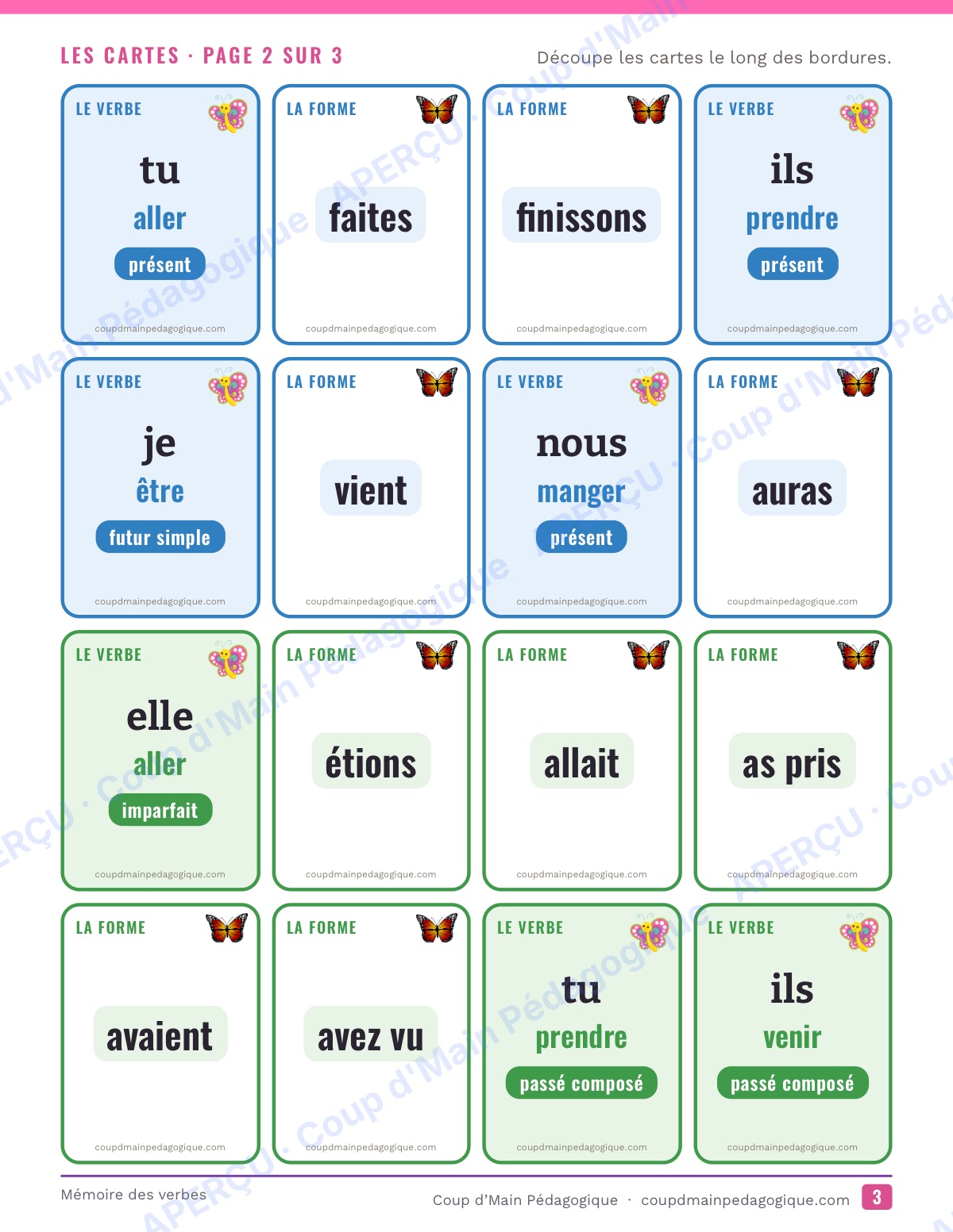 Page 3 — Mémoire des verbes — 4e-6e année, jeu de cartes