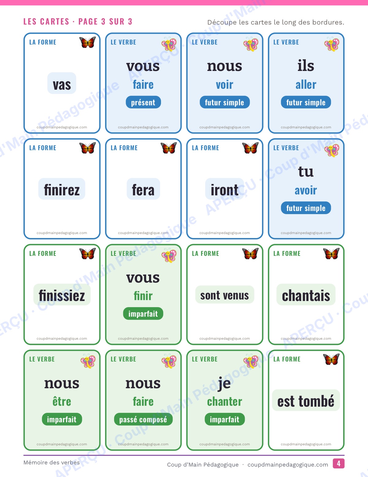 Page 4 — Mémoire des verbes — 4e-6e année, jeu de cartes