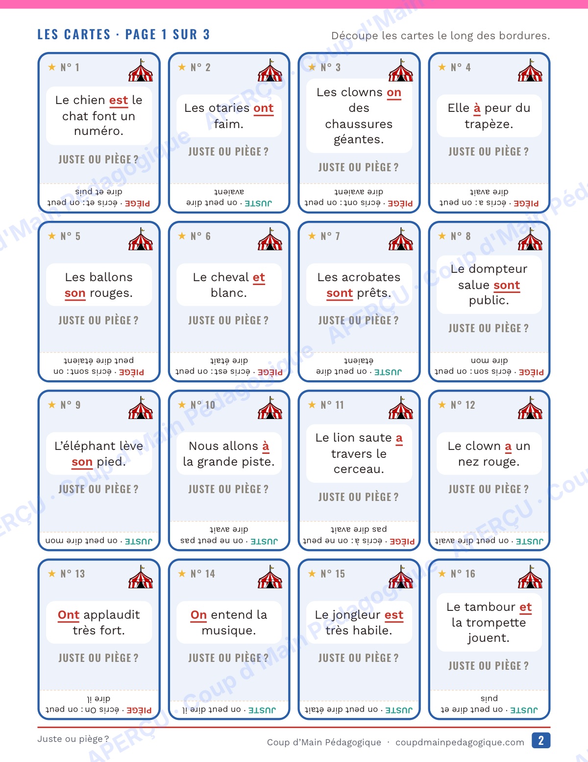 Page 2 — Les homophones grammaticaux — 4e-6e année, jeu de cartes, Ontario