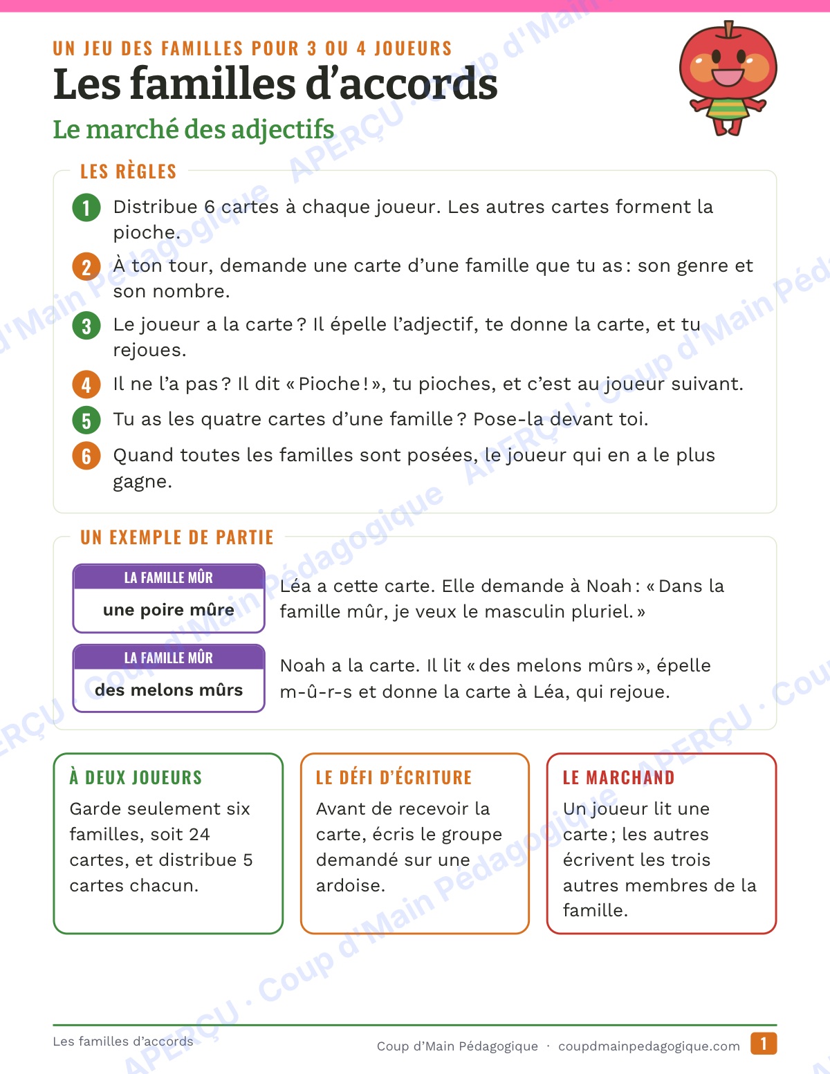 Page 1 — L'accord de l'adjectif — 4e-6e, jeu de familles