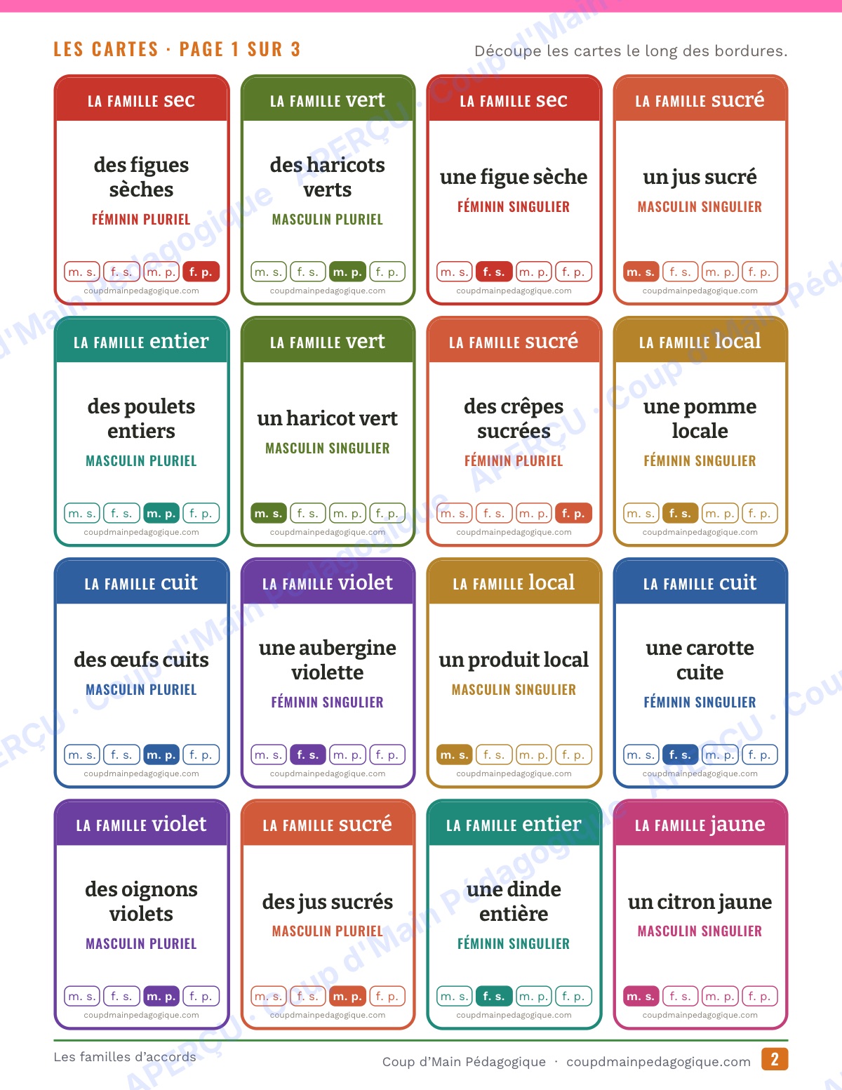 Page 2 — L'accord de l'adjectif — 4e-6e, jeu de familles