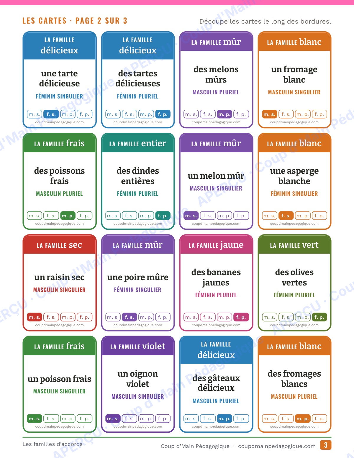 Page 3 — L'accord de l'adjectif — 4e-6e, jeu de familles