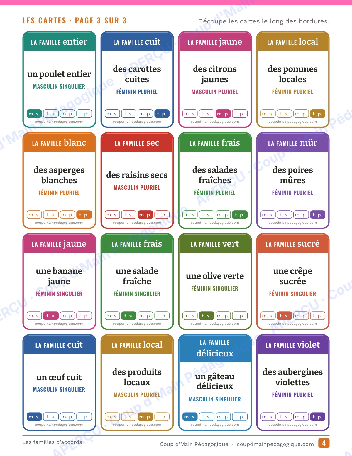 Page 4 — L'accord de l'adjectif — 4e-6e, jeu de familles
