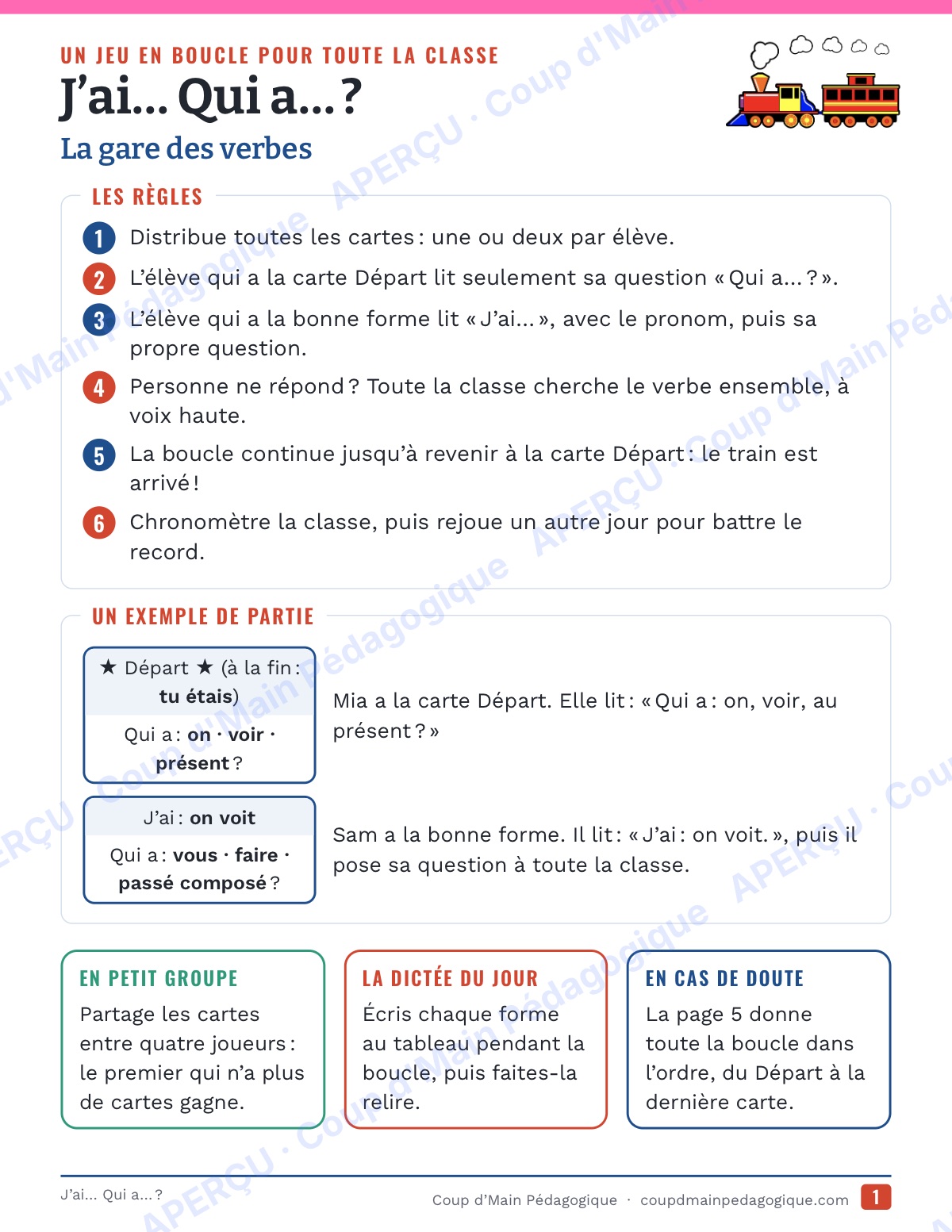 Page 1 — La conjugaison — 4e-6e, jeu « J'ai… Qui a… ? »