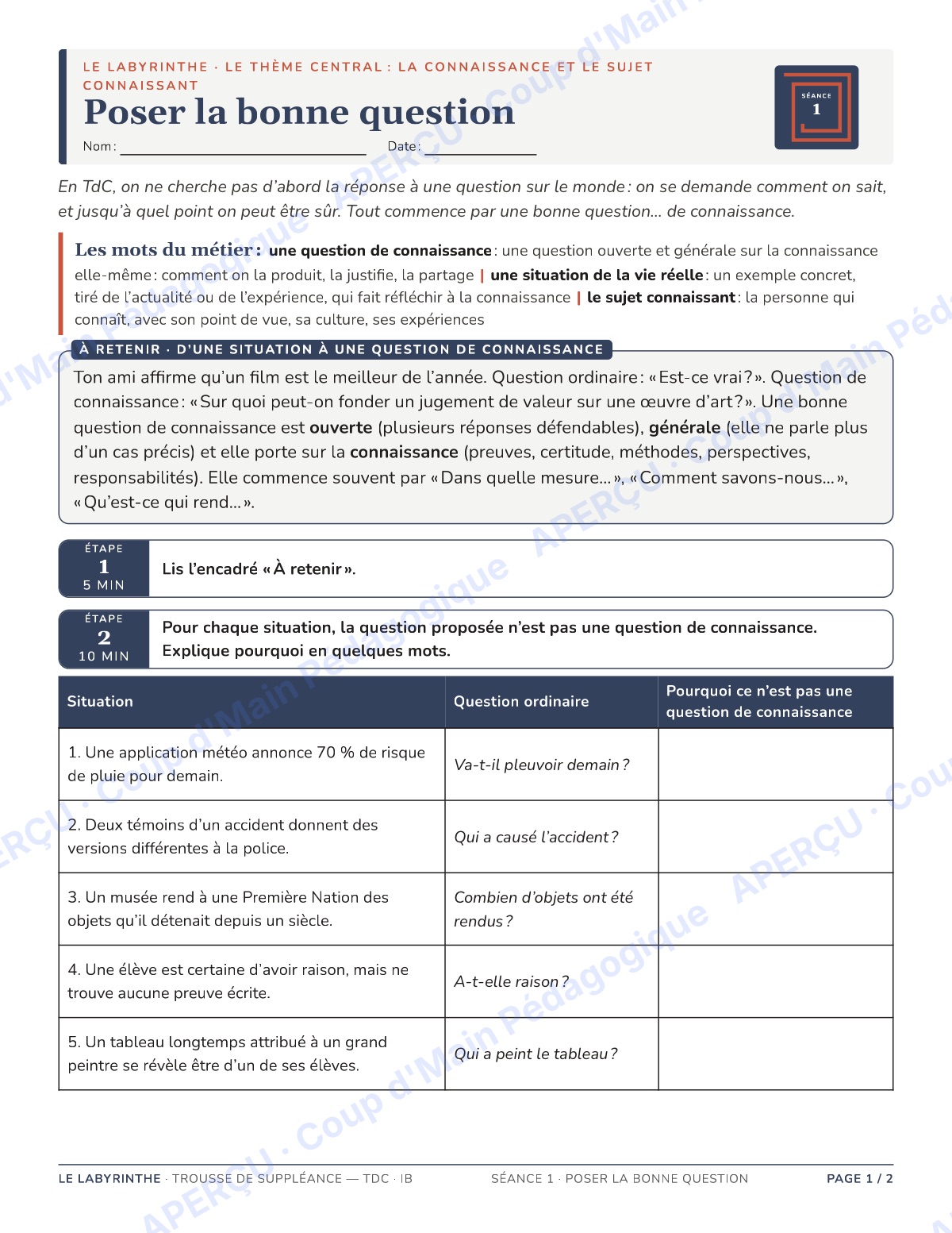Page 1 — TdC IB — 11e-12e, trousse de suppléance