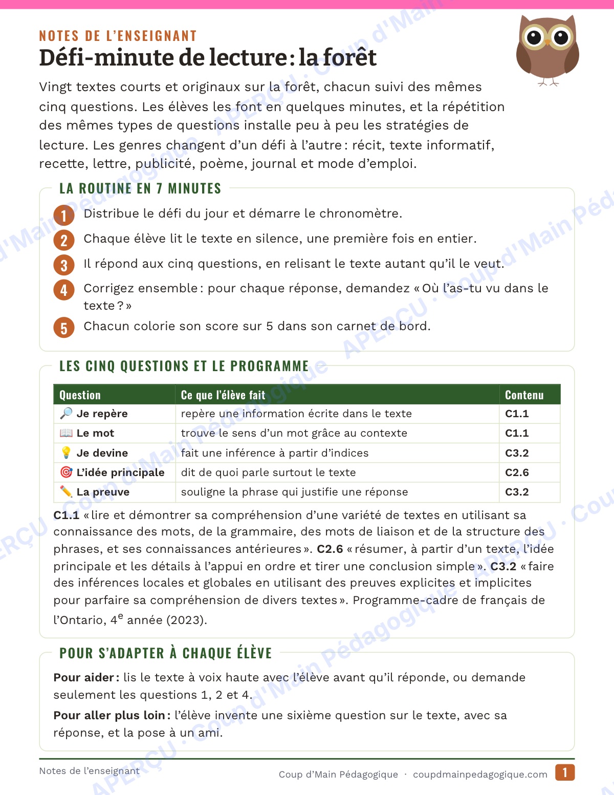 Page 1 — Défi-minute de lecture — 4e année, la forêt