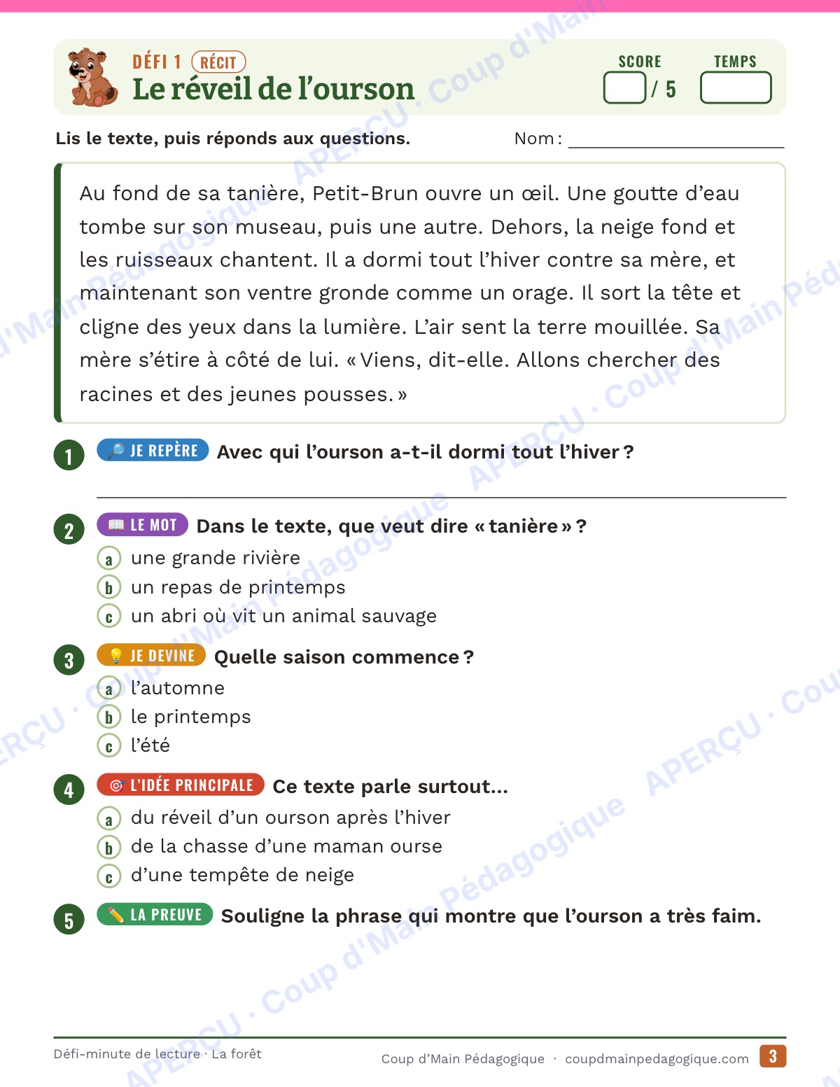 Page 3 — Défi-minute de lecture — 4e année, la forêt