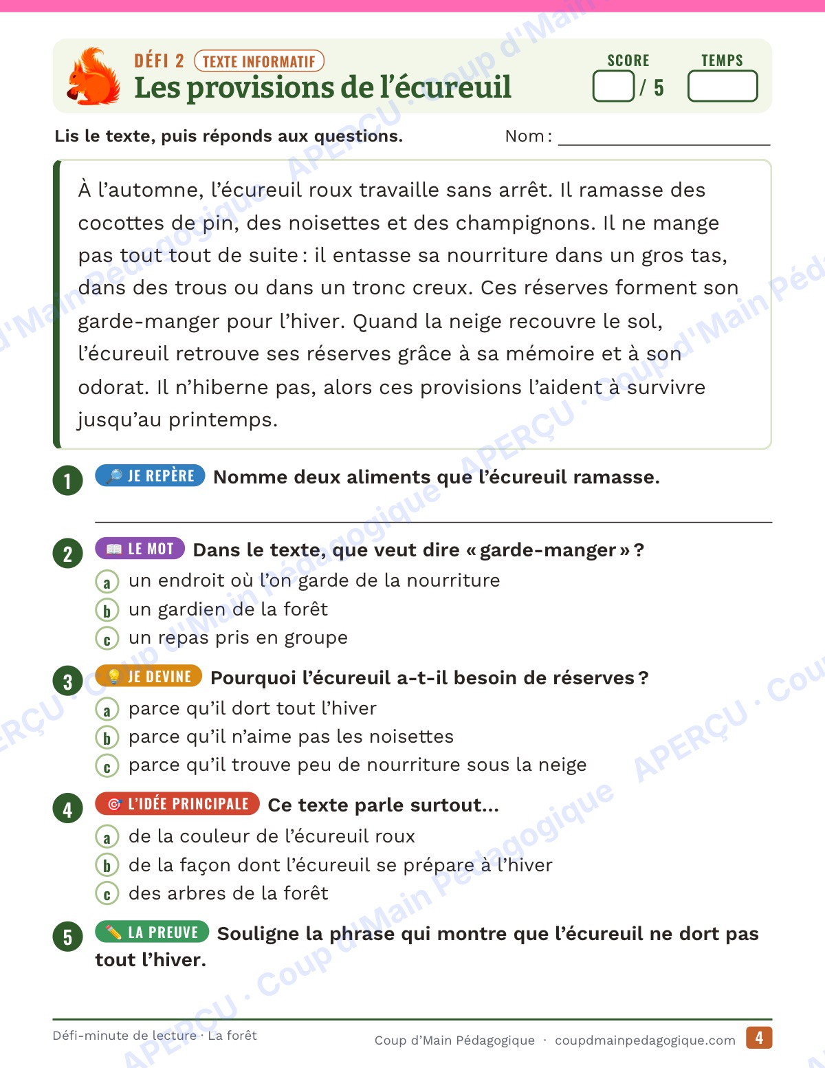 Page 4 — Défi-minute de lecture — 4e année, la forêt