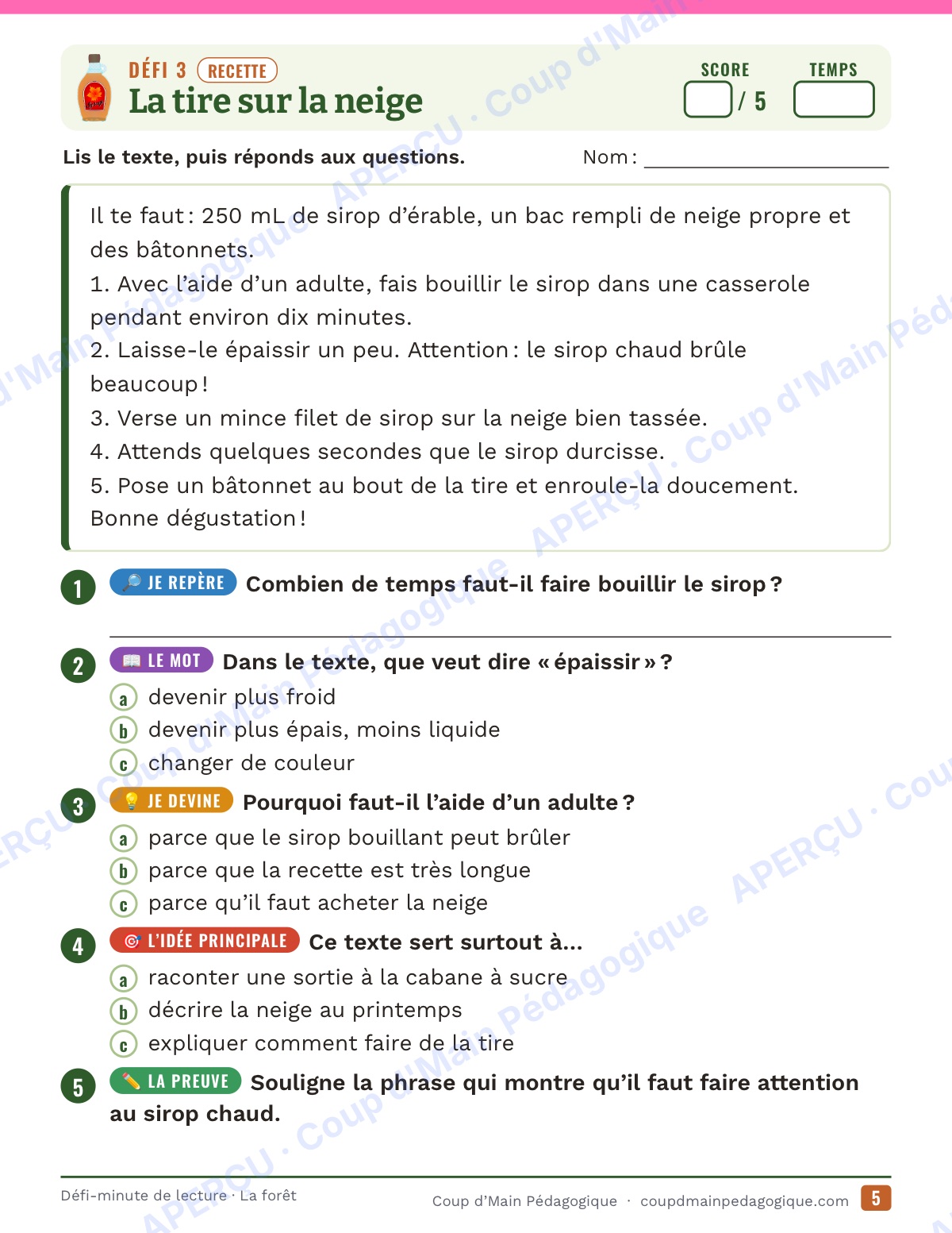 Page 5 — Défi-minute de lecture — 4e année, la forêt