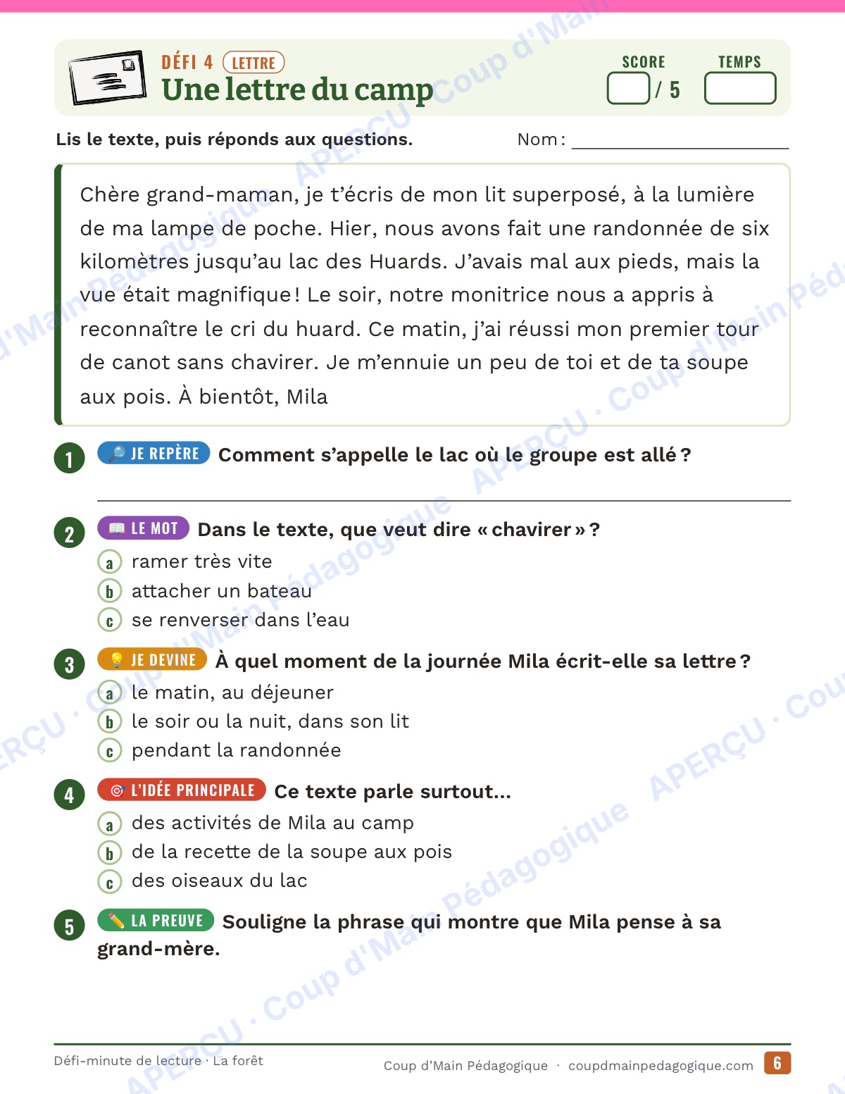 Page 6 — Défi-minute de lecture — 4e année, la forêt