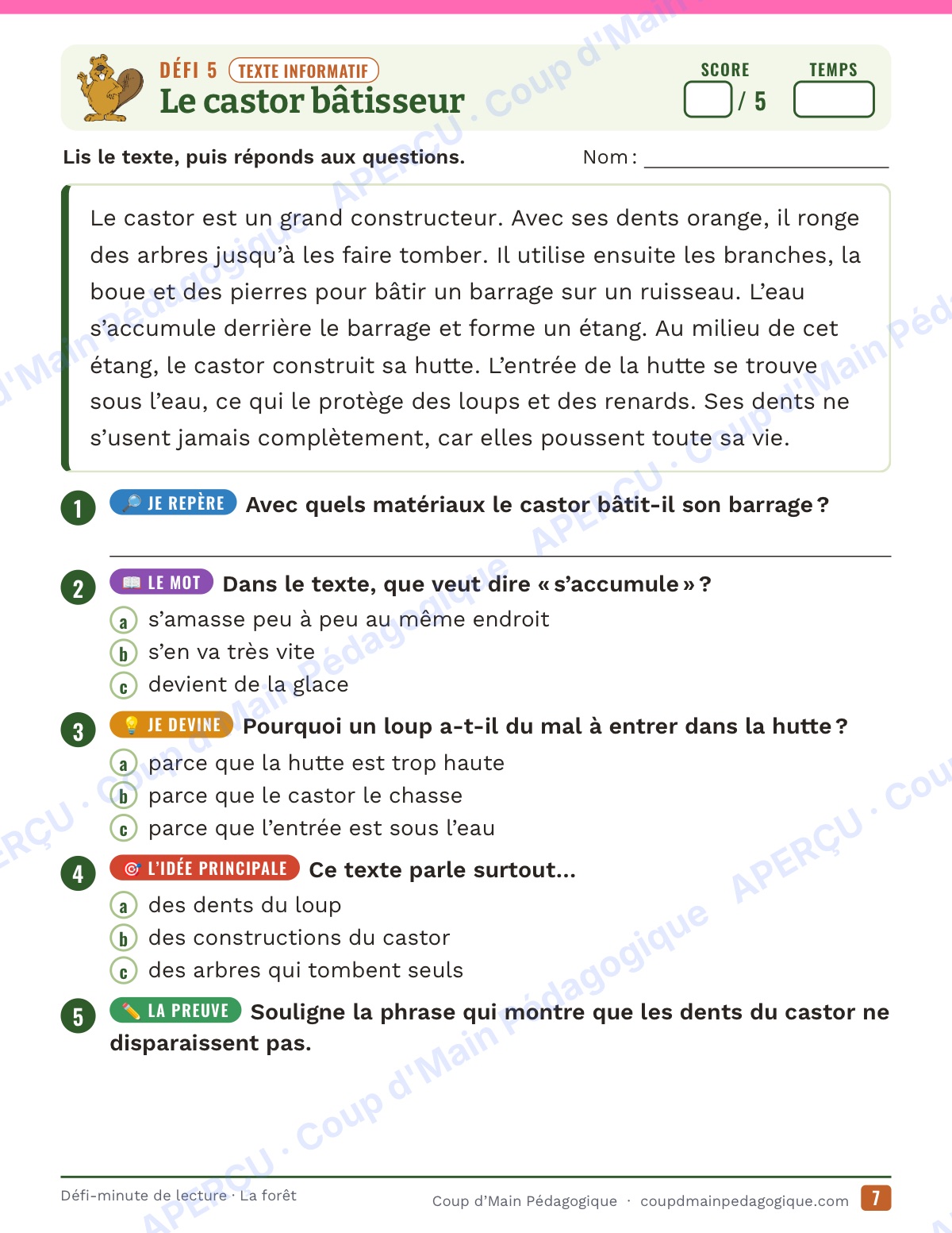 Page 7 — Défi-minute de lecture — 4e année, la forêt